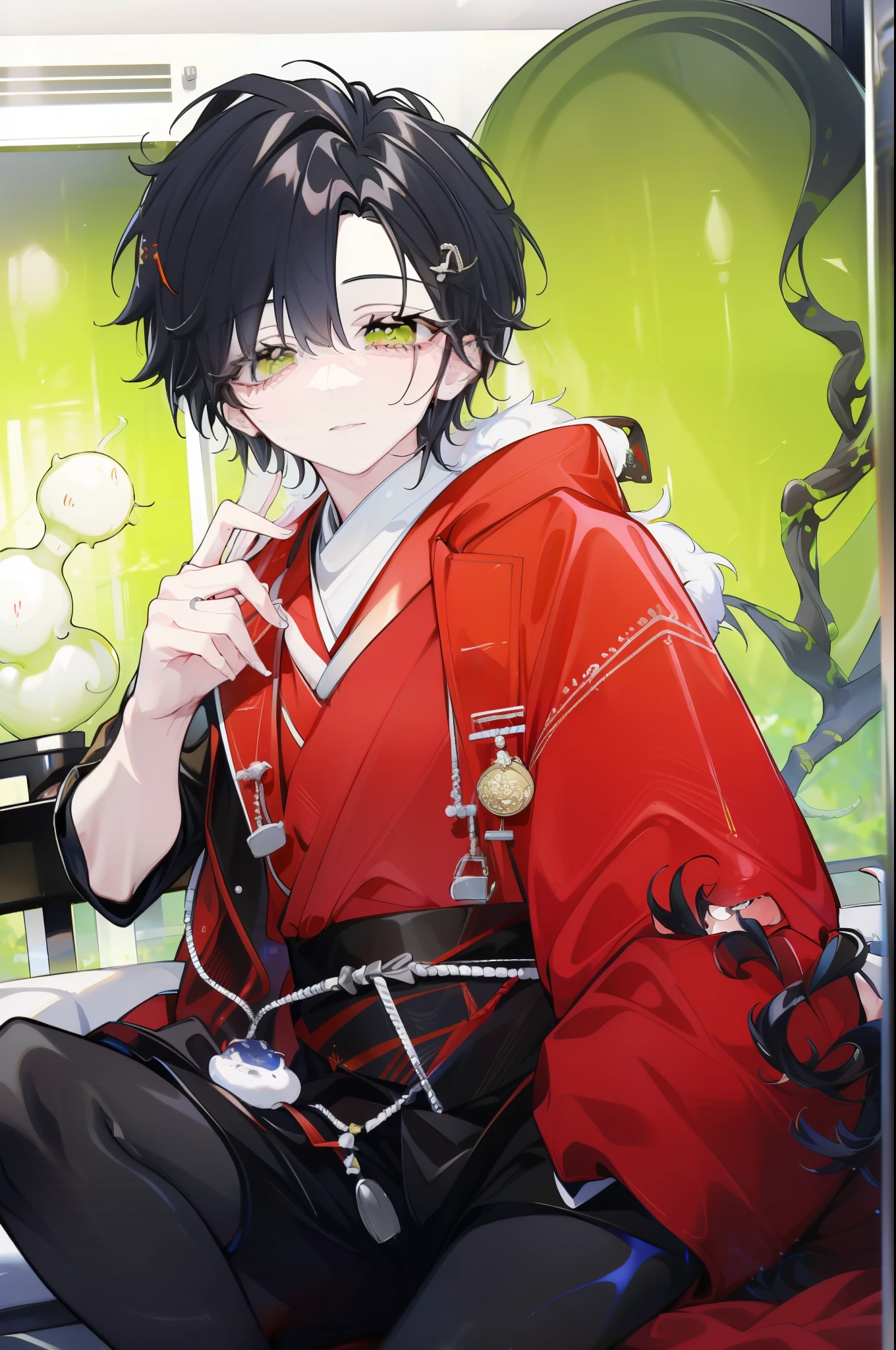 (best quality, high resolution, ultra detailed), a boy, a teenager, with black hair and toxic green eyes, very beautiful, dressed in a traditional costume from some oriental country, surrounded by strange insects, of all sizes, and that They look scary. He seems comfortable with insects, but the atmosphere is terrifying, so he holds what appears to be a red and black centipede.