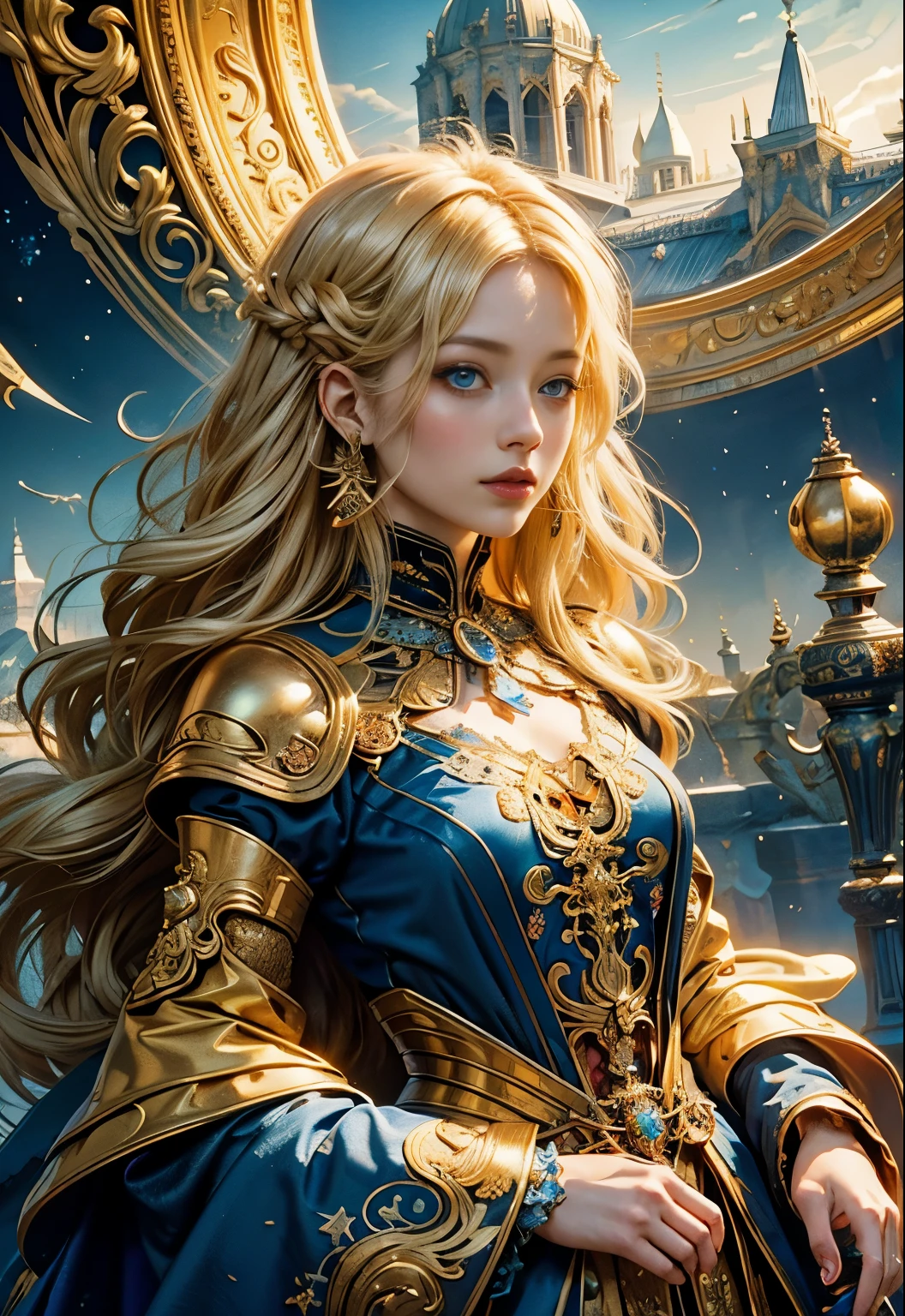 (muste piece, highest qualityの, highest quality, official art, beautiful and aesthetic:1.2), (1 girl), very detailed,(fractal art:1.3),colorful,best details, she has long blonde hair and blue eyes, , she is wearing a golden luxurious dress、bright sun background