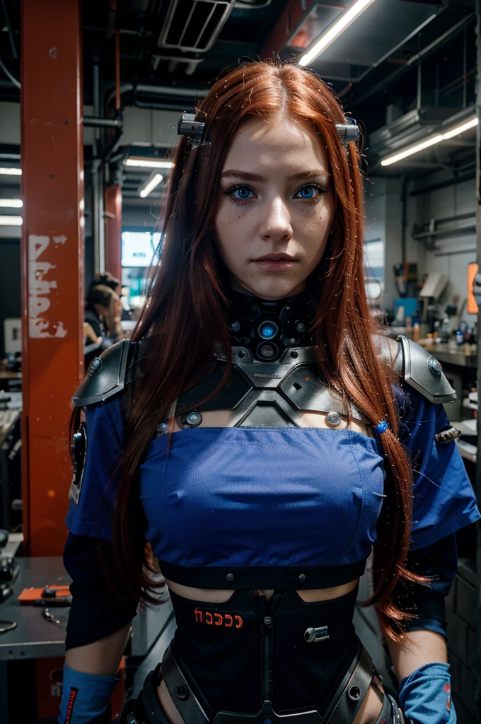 Beautiful teenage cyborg:1.4, realistic cosplay4K HD long red hair, in a white cyberpunk labratory:1.3, younger face, blue eyes, blue and orange and pink and purple cyberpunk cyborg parts:1.5