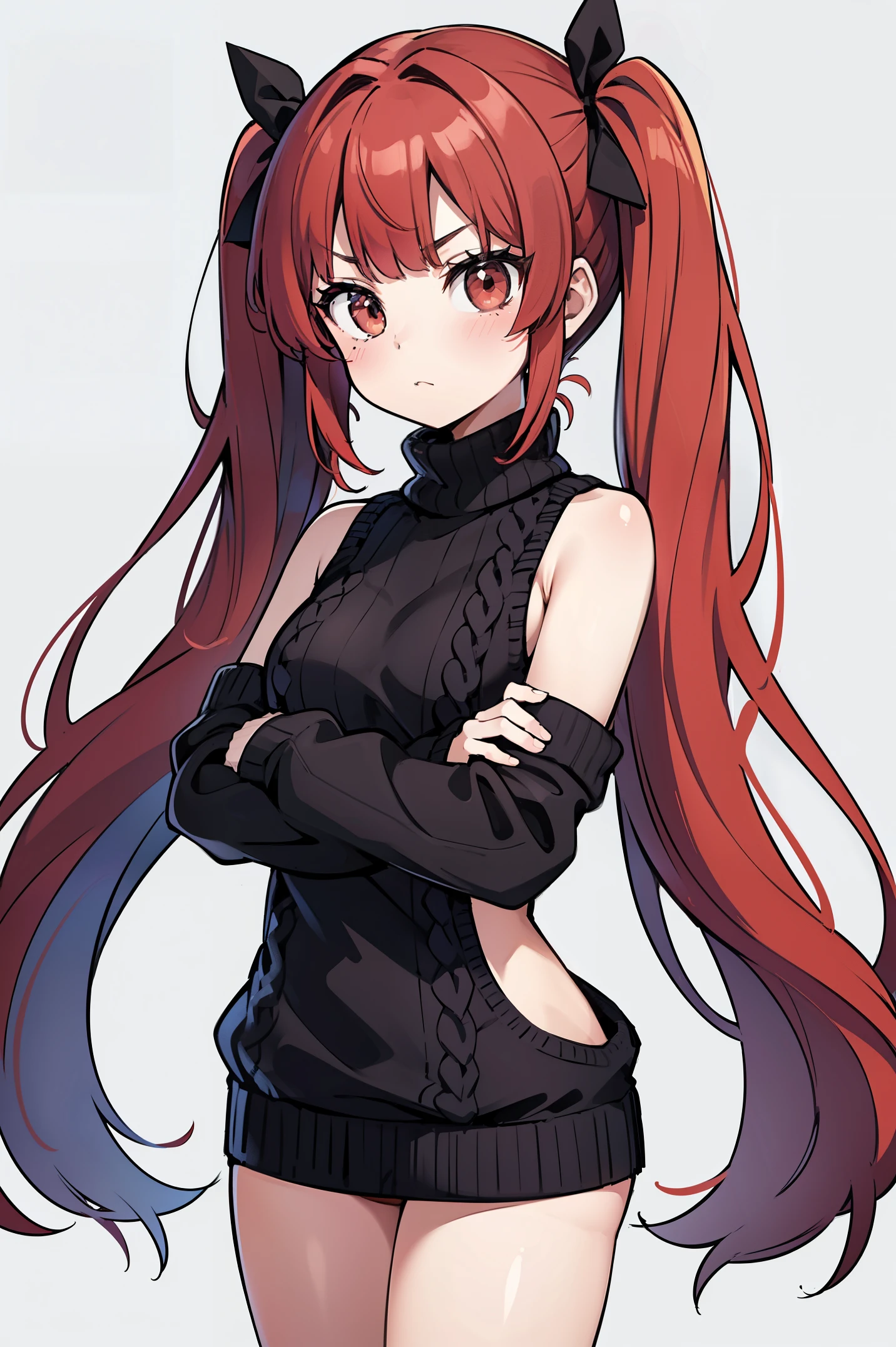 a young tsundere girl, small breasts, (red hair:1.2, twintails, very long hair, open forehead)), black hair ribbons, (sweater, turtleneck sweater, backless sweater, sleeveless, bottomless), standing, (crossed arms), :< expression, pouting, inexpressive, neutral, sfw, ((simple background, white background)), anatomically correct, best quality, award winning, highres, 16k, 1080P, HD, masterpiece, ccurate, border, outside border,