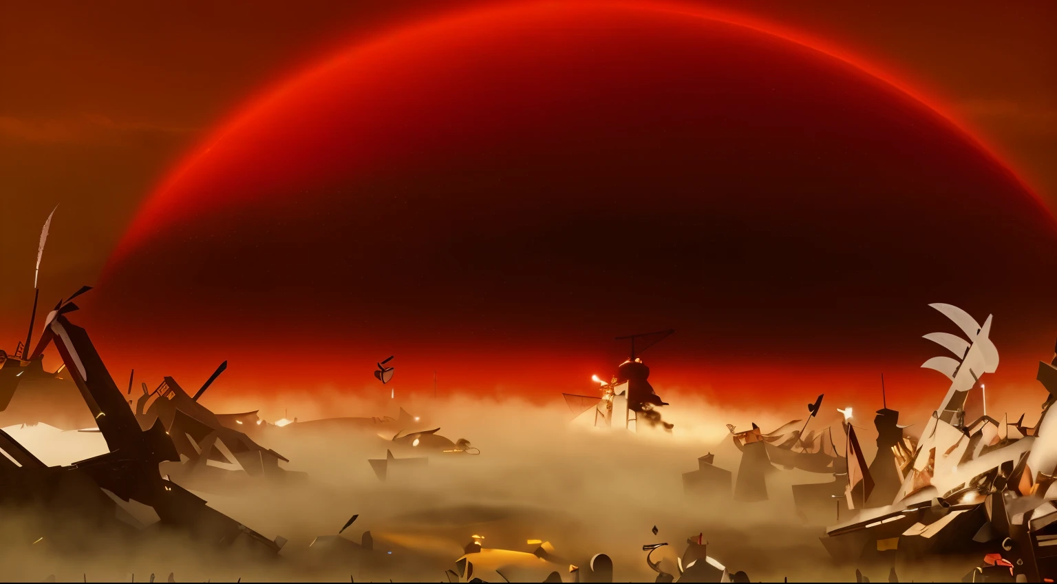 cena arafada de um grupo de pessoas caminhando por um campo, rescaldo de uma grande batalha, epic fog battle, em uma arena vazia, a batalha final no inferno, fundo do inferno, batalha de geonosis, Cinematic Shadowbringers, fundo do campo de batalha do banho de sangue, Red Sky, neblina no local, Japanese torii, bandeiras rasgadas, swords on the ground, big black hole in the sky, Red Sky, bandeiras rasgadas em campo de batalha, vazio, sem nenhuma pessoa nele