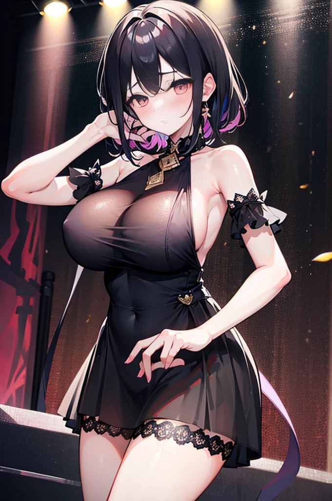 Perfect human body,1 girl, idoly,idol,(publicly exposed,On stage), clavicle,((big breasts)),Loose collar,translucent,Lace skirt,((woman with fever)), ((color)), (blush:1.2),