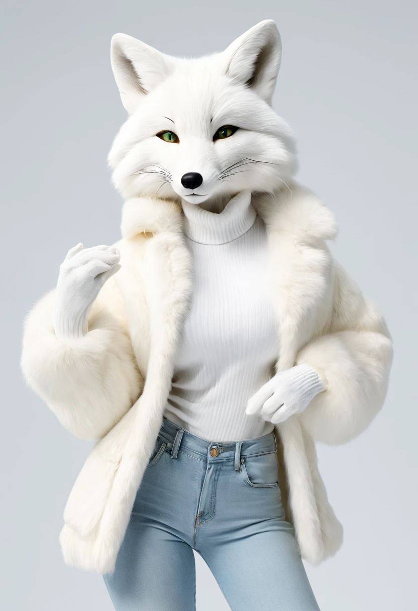 Best quality, 4K, masterpiece, art, anthropomorphic white fox, not human, not man, not human face, correct , correct fingers, white wool, white clothes, jeans (white), jacket (white), fursona art, incredibly huge breasts (covered), simple white background, white white, green pupils, cunning look  