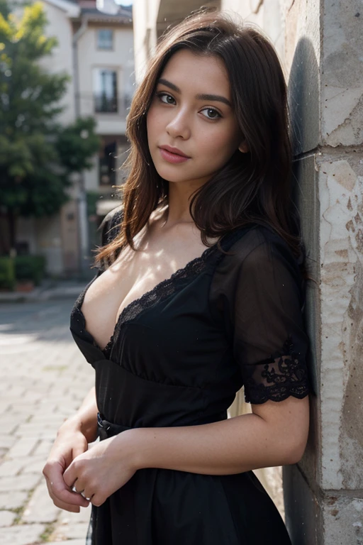 ((best quality)), ((masterpiece)), (detailed), perfect face realistic photo of beautiful woman with long dark brown hair, Russian, influencer, light freckles, dark brown eyes, big lips, no makeup, instagram, in a black dress leaning against a wall, a picture, net art, detailed lace dress, long dress, sexy :8, see through, intricate and detailed lace set, morning glow, 2b