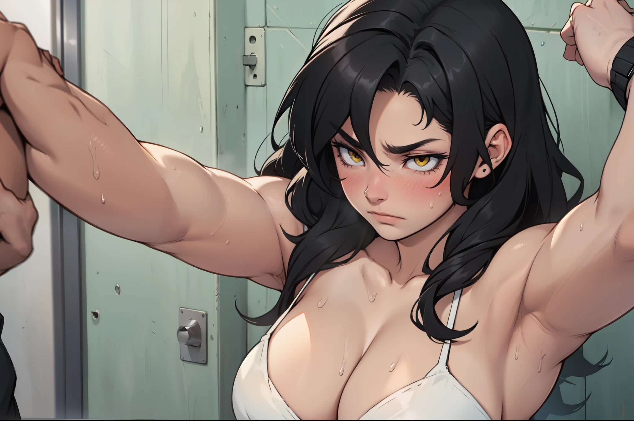 muscular yellow eyes pale skin girl sad cleavage blushing frown sweaty big breasts black hair perfect quality