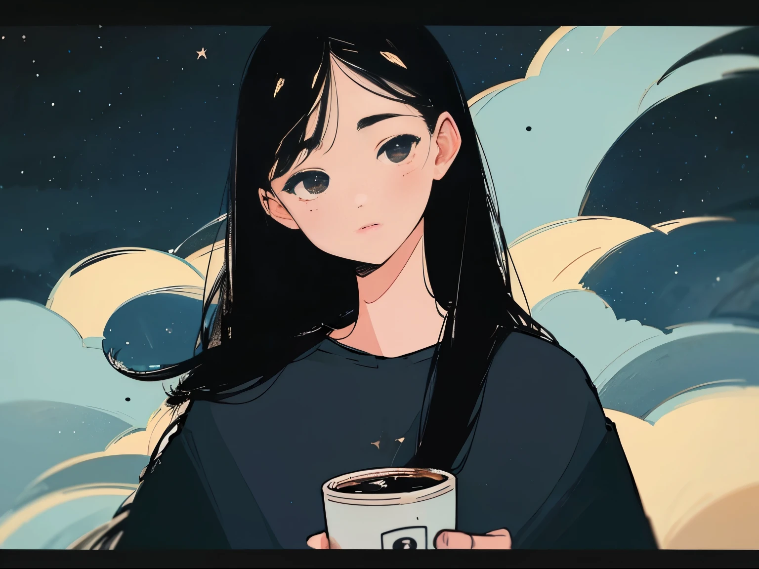 Close-up of a 20-year-old black-haired woman、Being Calm、gentle light、black background、Coffee、head shot、Lo-Fi Illustration、a relaxing sight、starry sky、Countless stars、night view