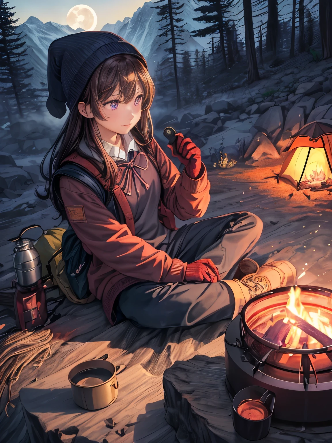 muste piece, best quality, ultra-detailsed, illustration, 1 girl, solo, outdoors, camping, night time, mountain range, nature, star, the moon, bonfire, tent, ((Brown hair long hair))、Navy blue blazer school uniform with red ribbon、((Reddish-purple eyes))、cheerful, Feel happy, rucksack, sleeping bag, camping stove, Water bottle, mountain boots, gloves, sweater, cook hat, flashLight, Mori, rock, riverbed, wood chips, smoke, shadow areas, contrast, clear sky, constellation, milky way, peaceful, Selene, Quietly, calm, remote, in the middle of nowhere, adventurous, expedition, escape, independent, survival, Kichi, challenge, perseverance, stamina, endurance, observation, intuition, Adaptability, Imagination, imagination, Artistry, Inspiration, Beauty products, awe, wonder, grateful, Appreciation, Relaxation, pleasure, rejuvenation, Mindfulness, consciousness, connection, harmony, to keep balance, Texture, details, Realism, depth, perspective, nice composition, color, Light, shadow area, reflection, refraction, tone, contrast, Qianfang, middle ground, background, naturalistic, figurative, Appearance, impression, Expressionism, abstract, innovative, experimental, only one