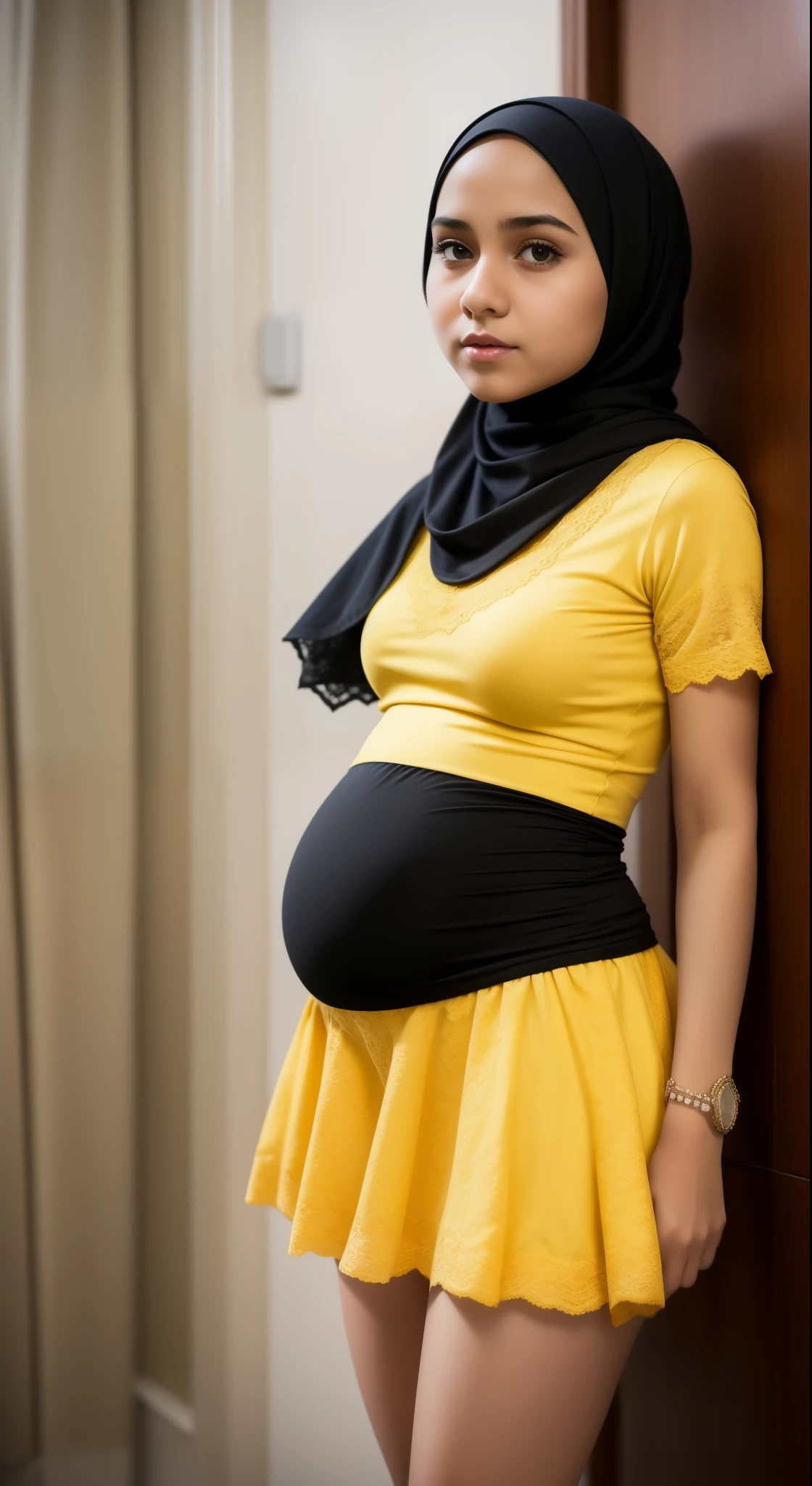 Hijab  OLD teen girlat chest, very tigh short mini skirt, Yellow lace, pregnant 