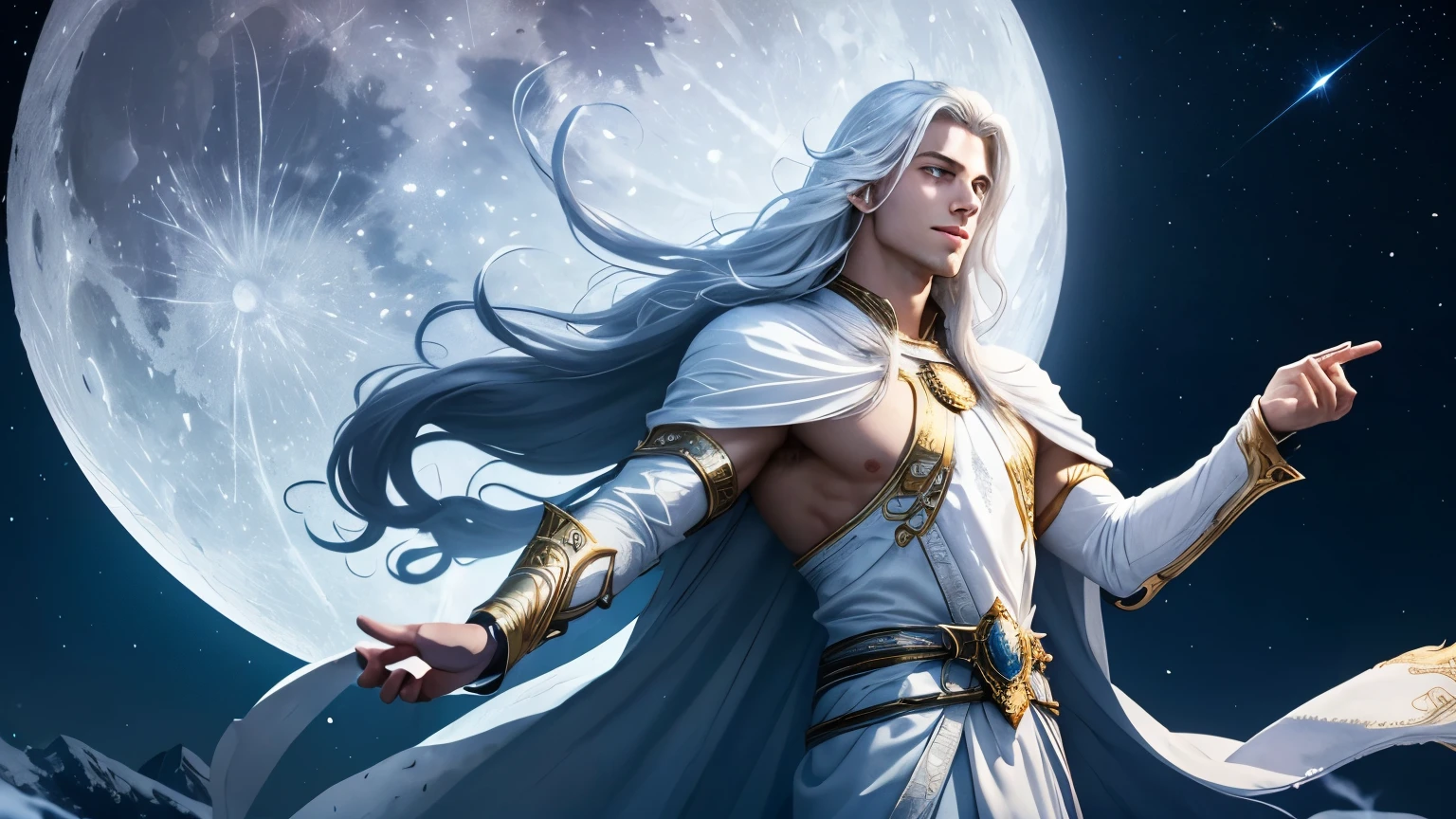 A mystic god of the moon. Extremly beutiful young man. Handsome young man. Wonderful. Magic. Mysterious. Full moon. Moonlight. Skin like moonlight. White long hair. Cold blue eyes. Cold smile. Arrogant. Godlike. Wearing a white tunic. Nighttime.