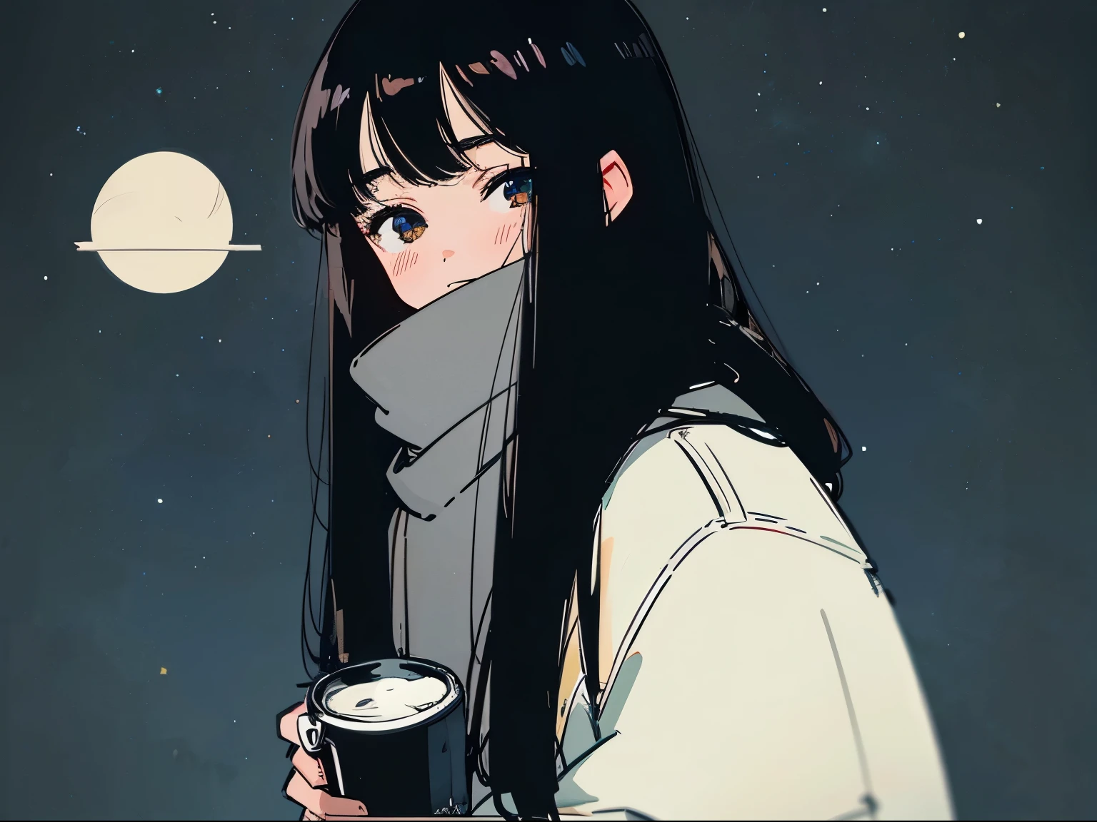 Close-up of a 20-year-old black-haired woman、Being Calm、gentle light、black background、Coffee、head shot、Lo-Fi Illustration、a relaxing sight、starry sky、Countless stars、night view、Scarf、hoodie