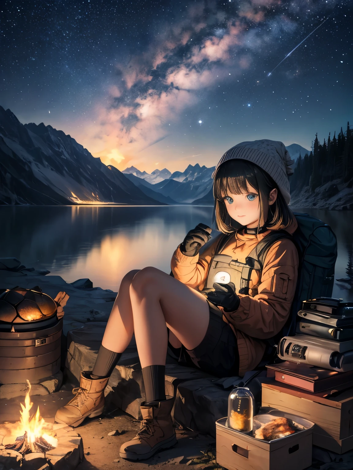 muste piece, best quality, ultra-detailsed, illustration, 1 girl, solo, outdoors, camping, night time, mountain range, nature, star, the moon, bonfire, tent, bangs、black short bob、cute girl、green eyes、Choker around the neck、cheerful, Feel happy, rucksack, sleeping bag, camping stove, Water bottle, mountain boots, gloves, sweater, cook hat, flashLight, Mori, rock, riverbed, wood chips, smoke, shadow areas, contrast, clear sky, constellation, milky way, peaceful, Selene, Quietly, calm, remote, in the middle of nowhere, adventurous, expedition, escape, independent, survival, Kichi, challenge, perseverance, stamina, endurance, observation, intuition, Adaptability, Imagination, imagination, Artistry, Inspiration, Beauty products, awe, wonder, grateful, Appreciation, Relaxation, pleasure, rejuvenation, Mindfulness, consciousness, connection, harmony, to keep balance, Texture, details, Realism, depth, perspective, nice composition, color, Light, shadow area, reflection, refraction, tone, contrast, Qianfang, middle ground, background, naturalistic, figurative, Appearance, impression, Expressionism, abstract, innovative, experimental, only one