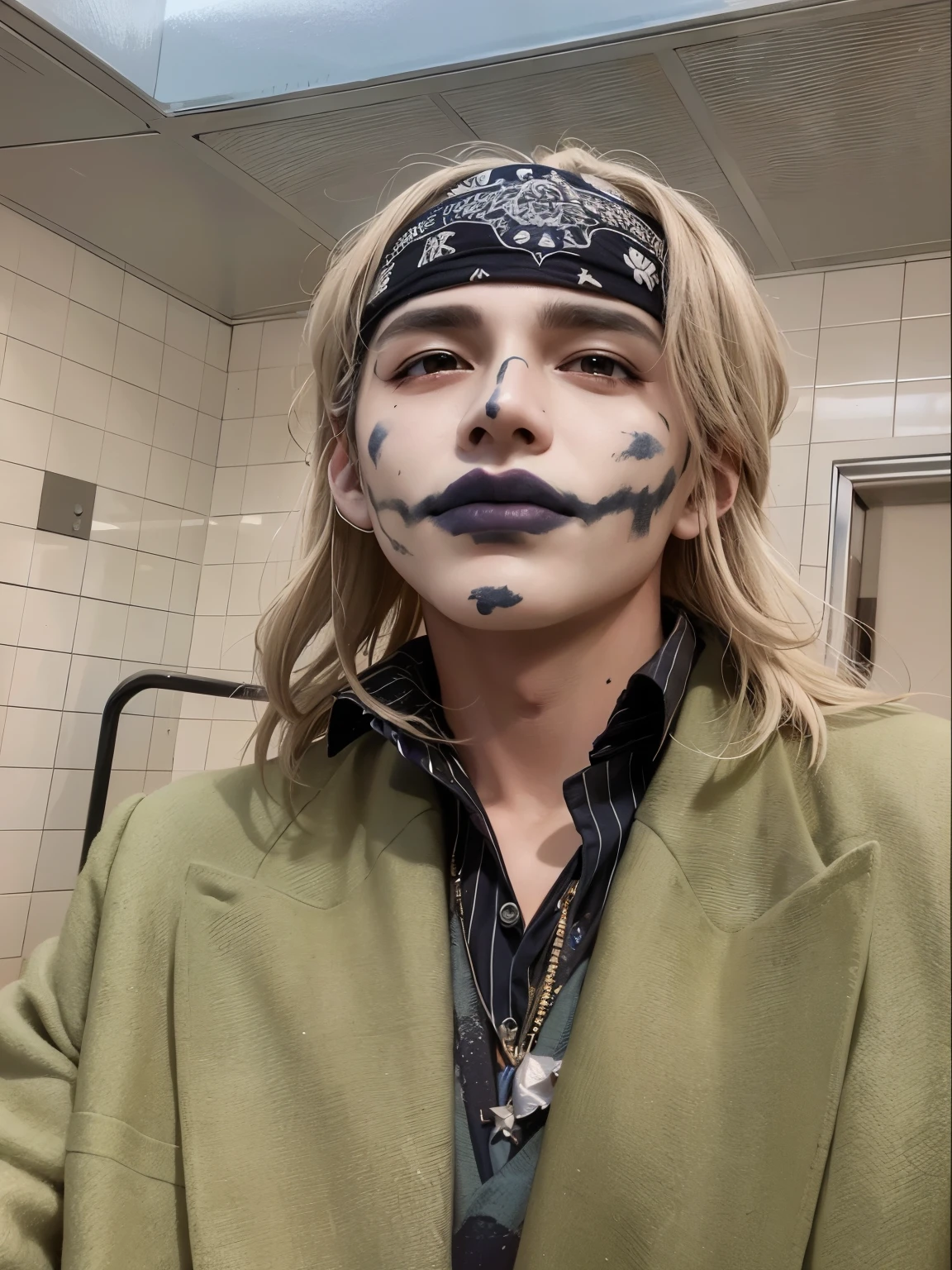 Arafed man with face paint and a scarf in a bathroom., xqc, marcas en su cara, en un estilo de halloween, usando pintura de guerra, little peep, pintura facial blanca, aspecto pintado, como el bromista, elliot alderson, felix englund style, cara pintada, taken in the early 2020s, pintura facial blanca rostro de jimin