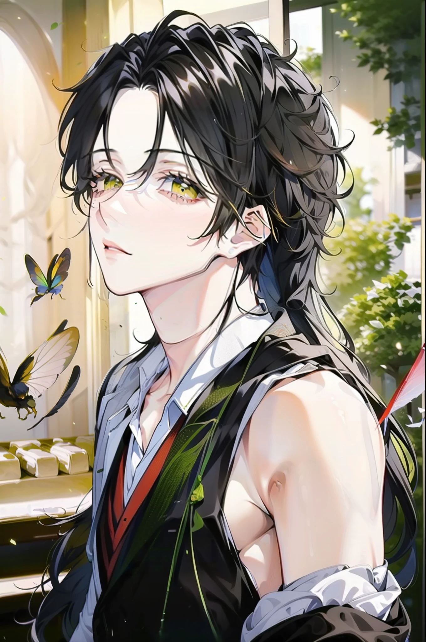 (best quality, high resolution, ultra detailed), a boy, a teenager, with black hair and toxic green eyes, very beautiful, dressed in a traditional costume from some oriental country, surrounded by strange insects, of all sizes, and that They look scary. He seems comfortable with insects, but the atmosphere is terrifying, so he holds what appears to be a red and black centipede.
