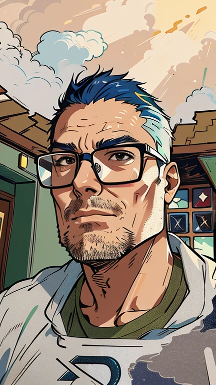 Da war ein Mann mit Brille und gelbem Kapuzenpulli, Selfie-Fotos, Leng Jun, 40 Jahre alt, Cooler Typ,Illustration,gemustert