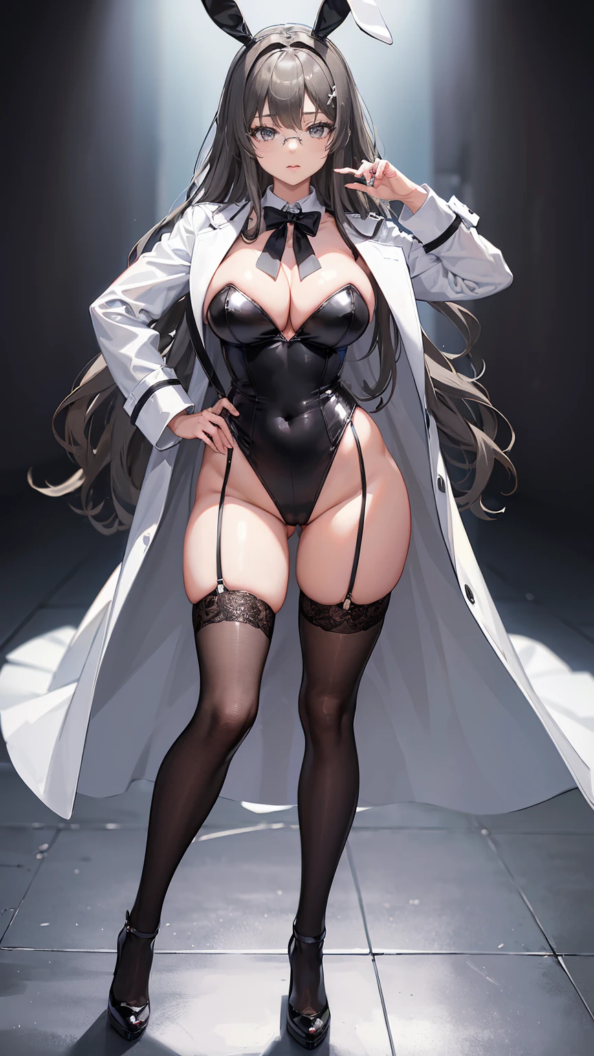 ((masterpiece, high resolution, best quality, best details, anime)), a woman standing in a bunny suit and an open doctor's coat in a doctor's office, white coat, bunny ears, sexy black leotard, ((black stocking)), platform high heels, long hair, light gray hair, gray eyes with black outline, glasses, doctor's office landscape, curvy body,