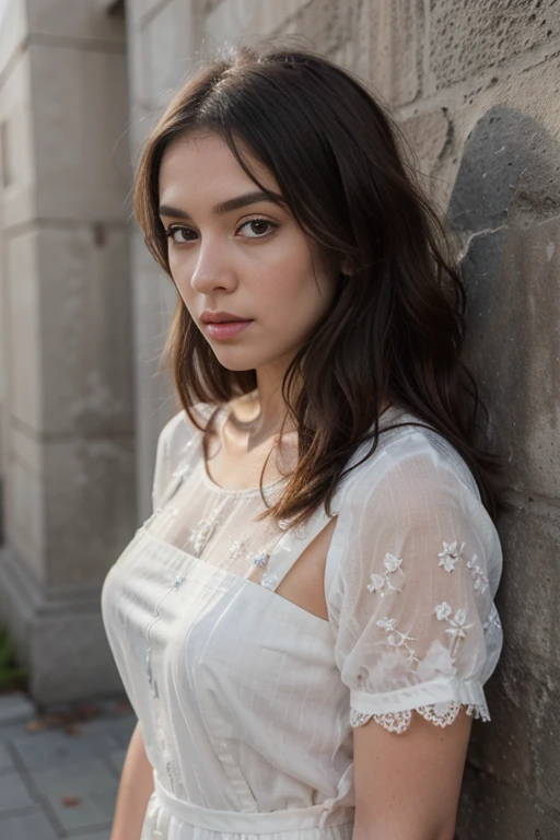 ((best quality)), ((masterpiece)), (detailed), perfect face realistic photo of beautiful woman with long dark brown hair, Russian, influencer, light freckles, dark brown eyes, big lips, no makeup, instagram, in a black dress leaning against a wall, a picture, net art, detailed lace dress, long dress, sexy :8, see through, intricate and detailed lace set, morning glow, 2b