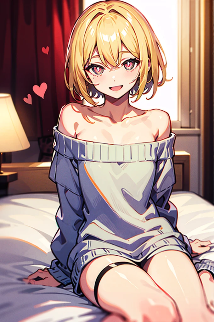1male孩, male人,male, short hair, blonde hair, heart - shaped pupils,off shoulder sweater,lol,On a soft bed,Toy,bedroom,