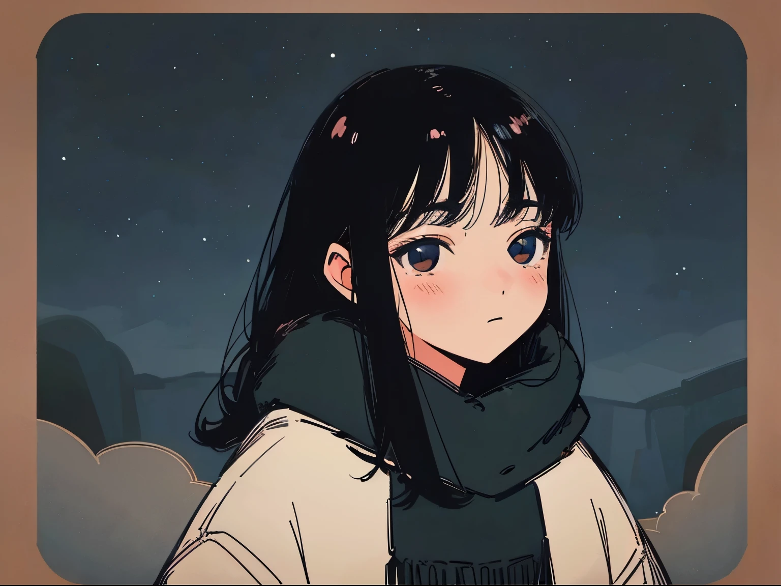 Close-up of a 20-year-old black-haired woman、Being Calm、gentle light、black background、Coffee、head shot、Lo-Fi Illustration、a relaxing sight、starry sky、Countless stars、night view、Scarf、hoodie