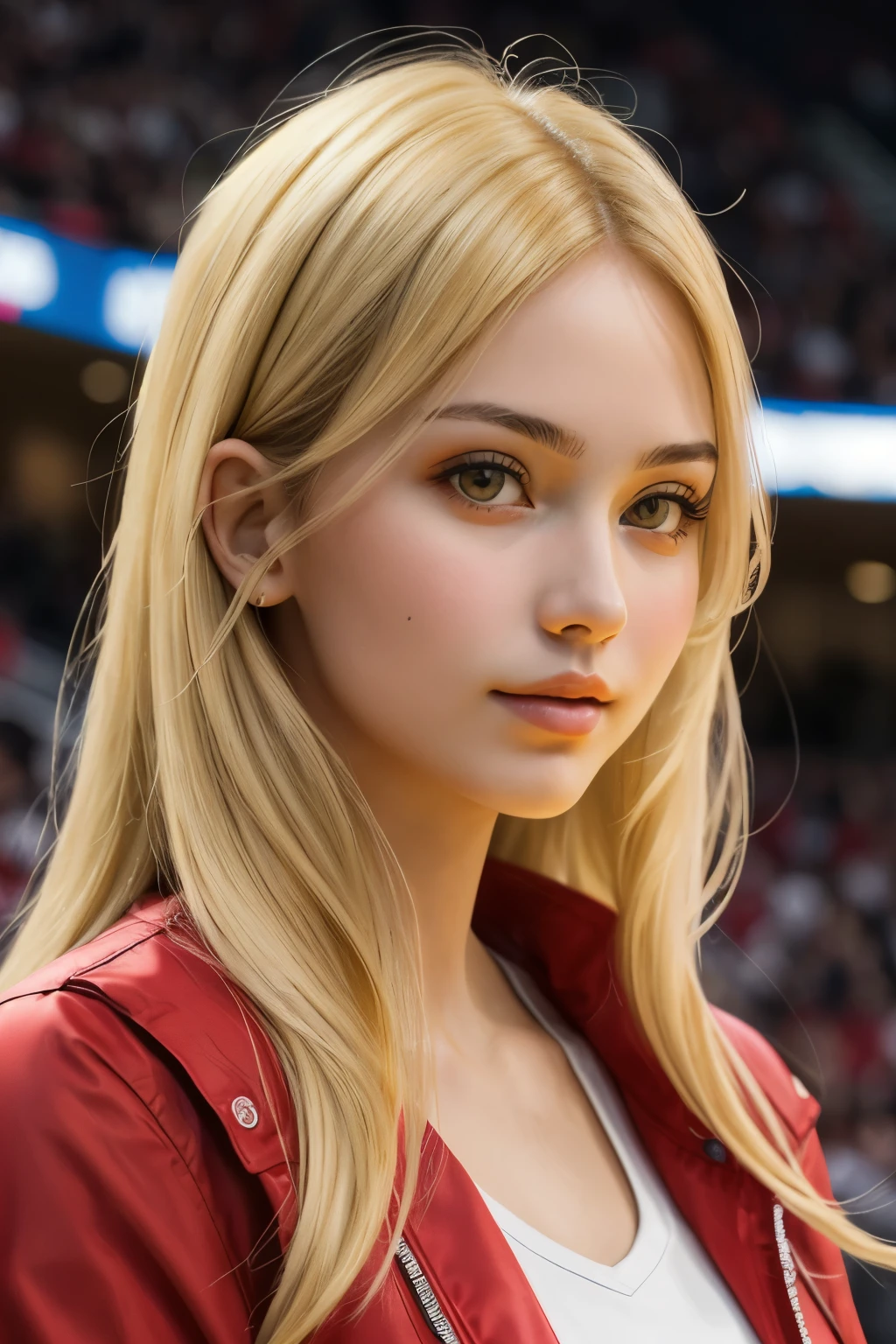 ((best quality)), ((masterpiece)), (detailed), perfect face
blonde elegant rich girl watching basketball game red jacket