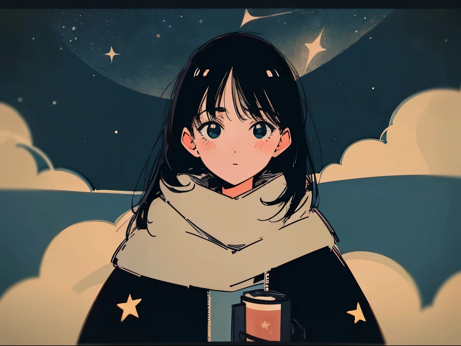 Close-up of a 20-year-old black-haired woman、Being Calm、gentle light、black background、Coffee、head shot、Lo-Fi Illustration、a relaxing sight、starry sky、Countless stars、night view、Scarf、hoodie