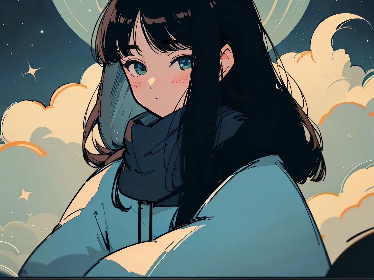 Close-up of a 20-year-old black-haired woman、Being Calm、gentle light、black background、Coffee、head shot、Lo-Fi Illustration、a relaxing sight、starry sky、Countless stars、night view、Scarf、hoodie
