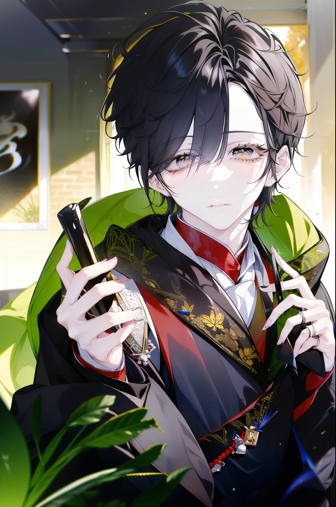 (best quality, high resolution, ultra detailed), a boy, a teenager, with black hair and toxic green eyes, very beautiful, dressed in a traditional costume from some oriental country, surrounded by strange insects, of all sizes, and that They look scary. He seems comfortable with insects, but the atmosphere is terrifying, so he holds what appears to be a red and black centipede.
