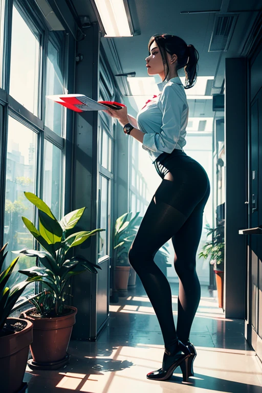 female assistent, female beautiful perfect, corporation corporative style, bright, futuristic, fullbody, uniform sexual dark-blue dark-green red tights, white sunlight interior lab high tech with plants beautiful futuristic, face profile sweet cute perfect, soviet poster epic positive style, super detailed, masterpiece, hq, 4k, high detalisation, sexual positive fun, semitransparent, side view walk