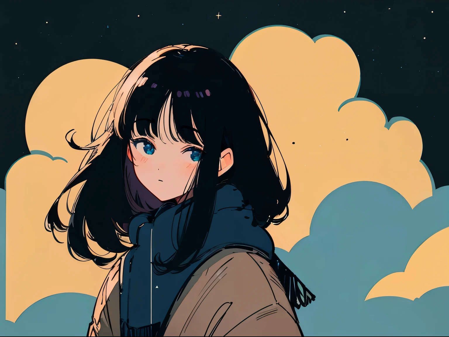 Close-up of a 20-year-old black-haired woman、Being Calm、gentle light、black background、Coffee、head shot、Lo-Fi Illustration、a relaxing sight、starry sky、Countless stars、night view、Scarf、hoodie