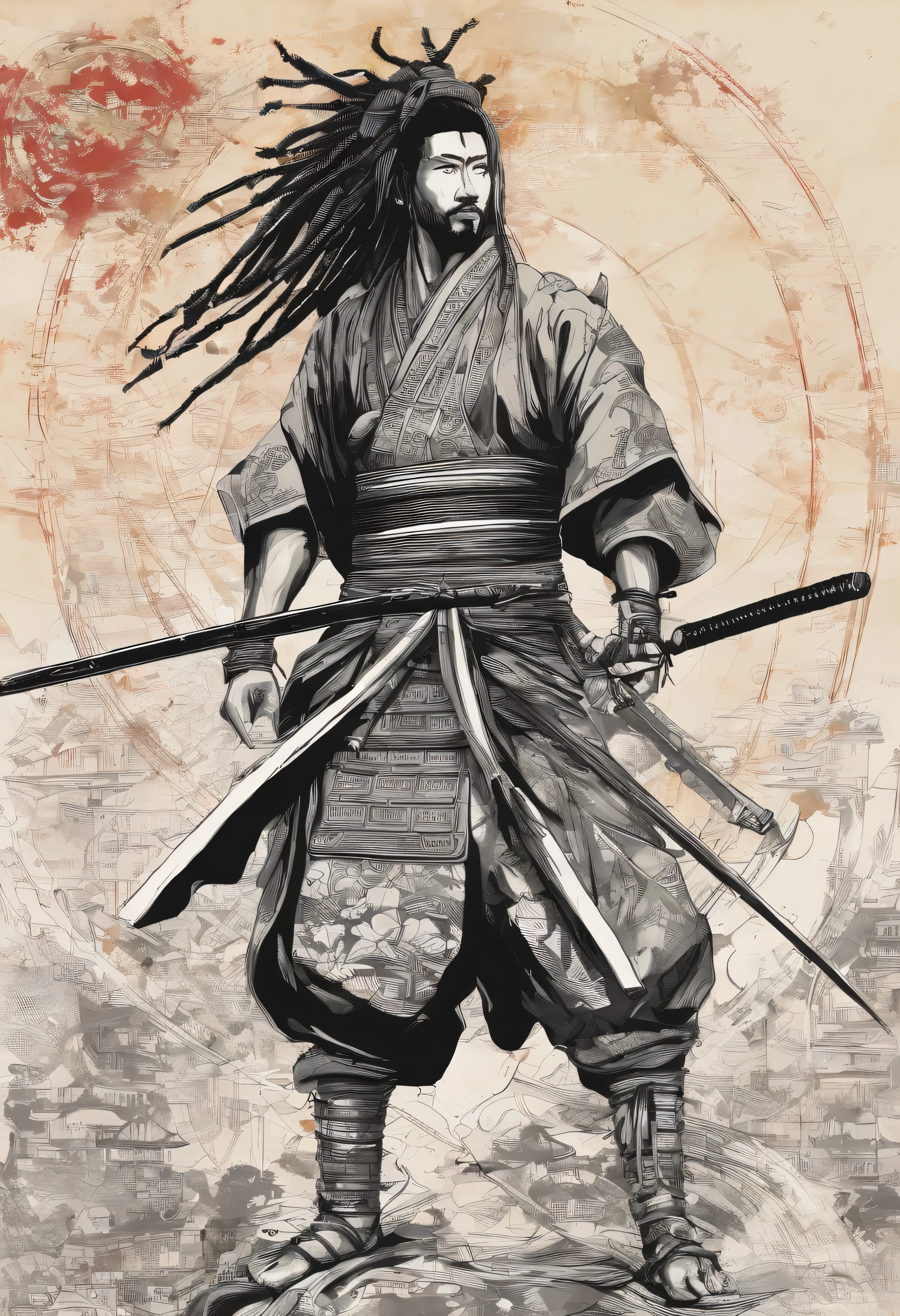 an image of Yasuke o primeiro samurai negro com dreadlocks empunhando uma katana, Nenhum estilo de Russ Mills, Michael Garmash, charming sketches, mono-ha, Contemporary Asian art, Lilia Alvarado, Pincelada concisa --AR 69:128 --s 750 --V 5. 2, pinceladas nas cores do reggae