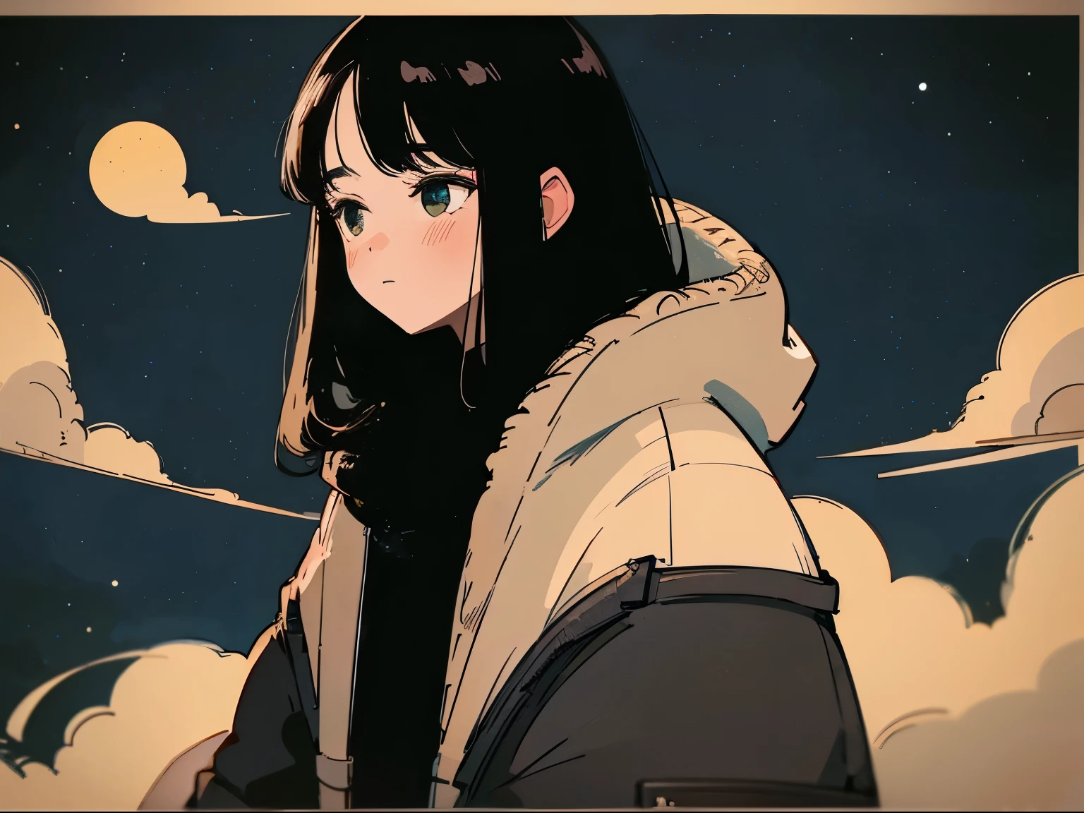 Close-up of a 20-year-old black-haired woman、Being Calm、gentle light、black background、Coffee、head shot、Lo-Fi Illustration、a relaxing sight、starry sky、Countless stars、night view、Scarf、hoodie