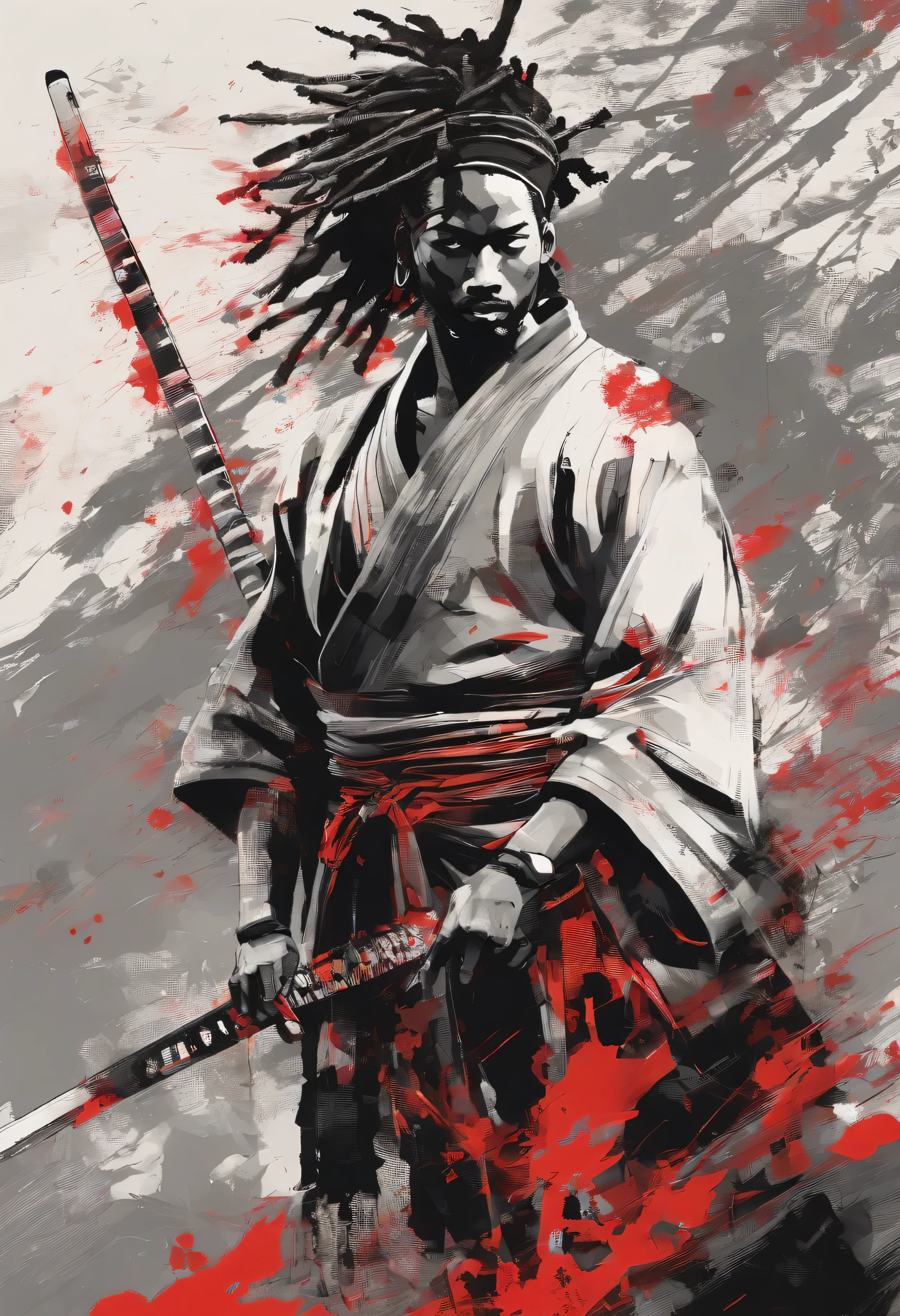 an image of Yasuke o primeiro samurai negro com dreadlocks empunhando uma katana, Nenhum estilo de Russ Mills, Michael Garmash, charming sketches, mono-ha, Contemporary Asian art, Lilia Alvarado, Pincelada concisa --AR 69:128 --s 750 --V 5. 2, pinceladas nas cores do reggae