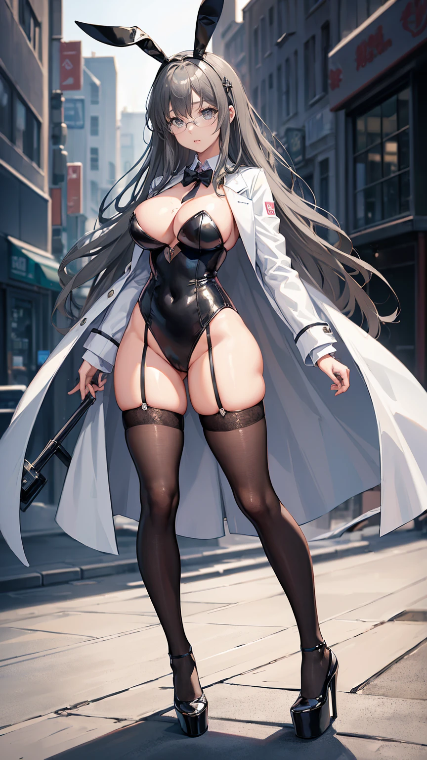((masterpiece, high resolution, best quality, best details, anime)), a woman standing in a bunny suit and an open doctor's coat in a doctor's office, white coat, bunny ears, sexy black leotard, ((black stocking)), platform high heels, long hair, light gray hair, gray eyes with black outline, glasses, doctor's office landscape, curvy body,
