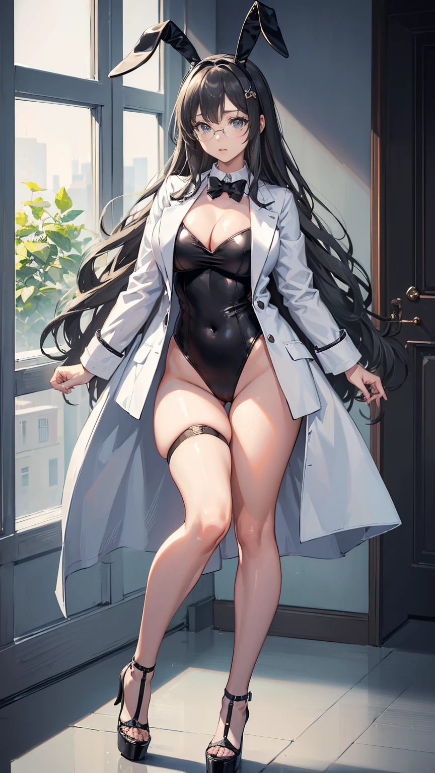 ((masterpiece, high resolution, best quality, best details, anime)), a woman standing in a bunny suit and an open doctor's coat in a doctor's office, white coat, bunny ears, sexy black leotard, ((black stocking)), platform high heels, long hair, light gray hair, gray eyes with black outline, glasses, doctor's office landscape, curvy body,