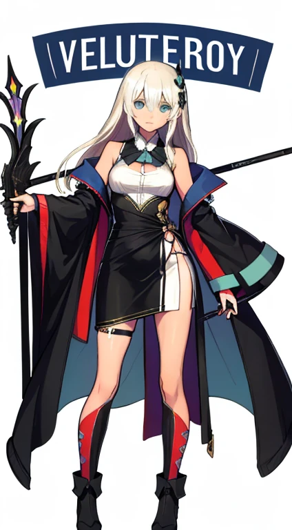 (((Best Quality))) , ((full body)), female, character design, solo, ( white background:1.3), holding staff, gauntlets, waist armor, thigh high, side slit trench skirt, blue, green, violet, brown, white, colorful outfit, bare arms, bareback, Bust Bodice, bare waist, standing,