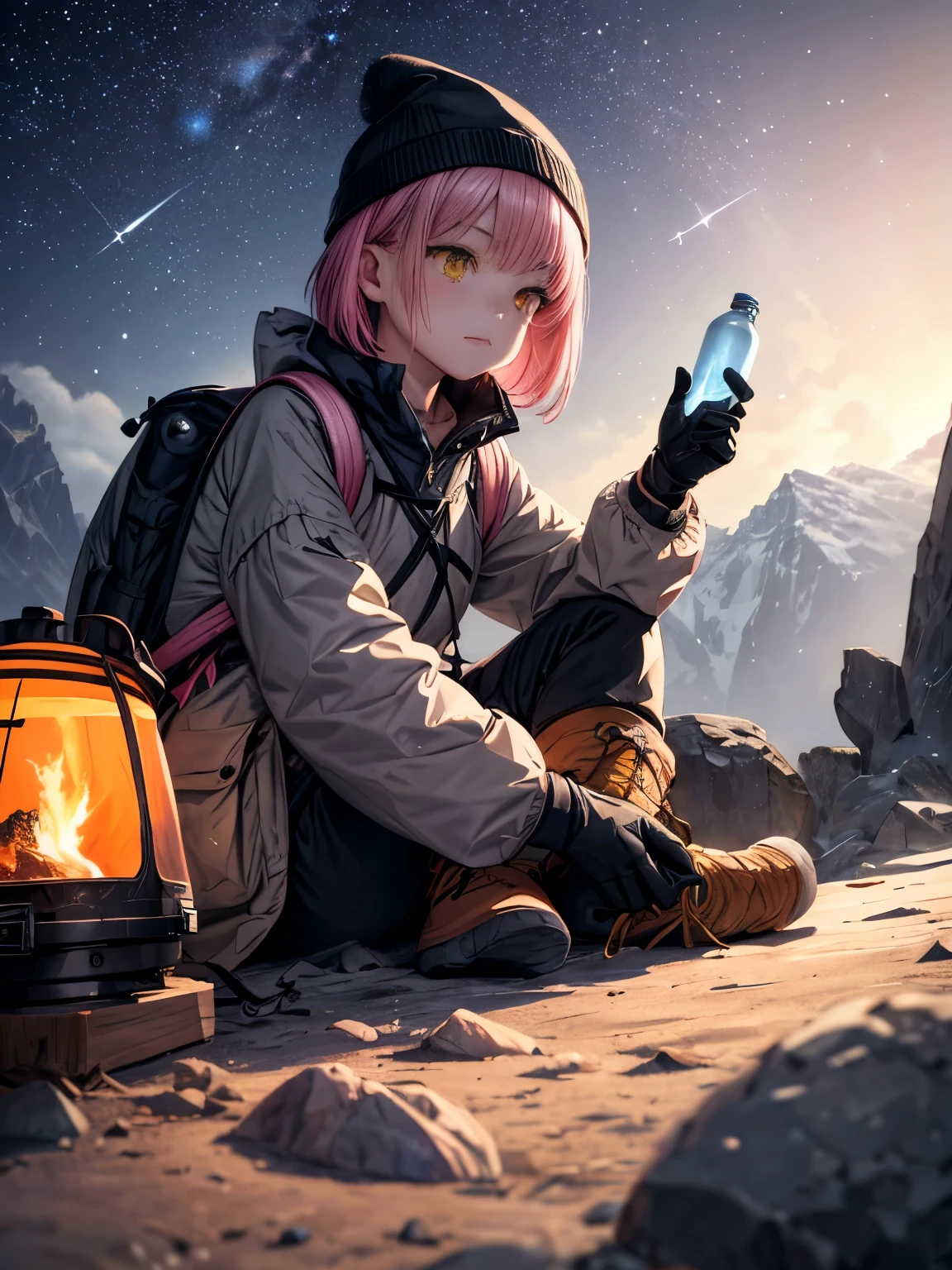muste piece, best quality, ultra-detailsed, illustration, 1 girl, solo, outdoors, camping, night time, mountain range, nature, star, the moon, bonfire, tent, Yellow eyes、 ((Pink Short Bob))、Bangs at the top of the eyebrows、short bangs、cheerful, Feel happy, rucksack, sleeping bag, camping stove, Water bottle, mountain boots, gloves, sweater, cook hat, flashLight, Mori, rock, riverbed, wood chips, smoke, shadow areas, contrast, clear sky, constellation, milky way, peaceful, Selene, Quietly, calm, remote, in the middle of nowhere, adventurous, expedition, escape, independent, survival, Kichi, challenge, perseverance, stamina, endurance, observation, intuition, Adaptability, Imagination, imagination, Artistry, Inspiration, Beauty products, awe, wonder, grateful, Appreciation, Relaxation, pleasure, rejuvenation, Mindfulness, consciousness, connection, harmony, to keep balance, Texture, details, Realism, depth, perspective, nice composition, color, Light, shadow area, reflection, refraction, tone, contrast, Qianfang, middle ground, background, naturalistic, figurative, Appearance, impression, Expressionism, abstract, innovative, experimental, only one