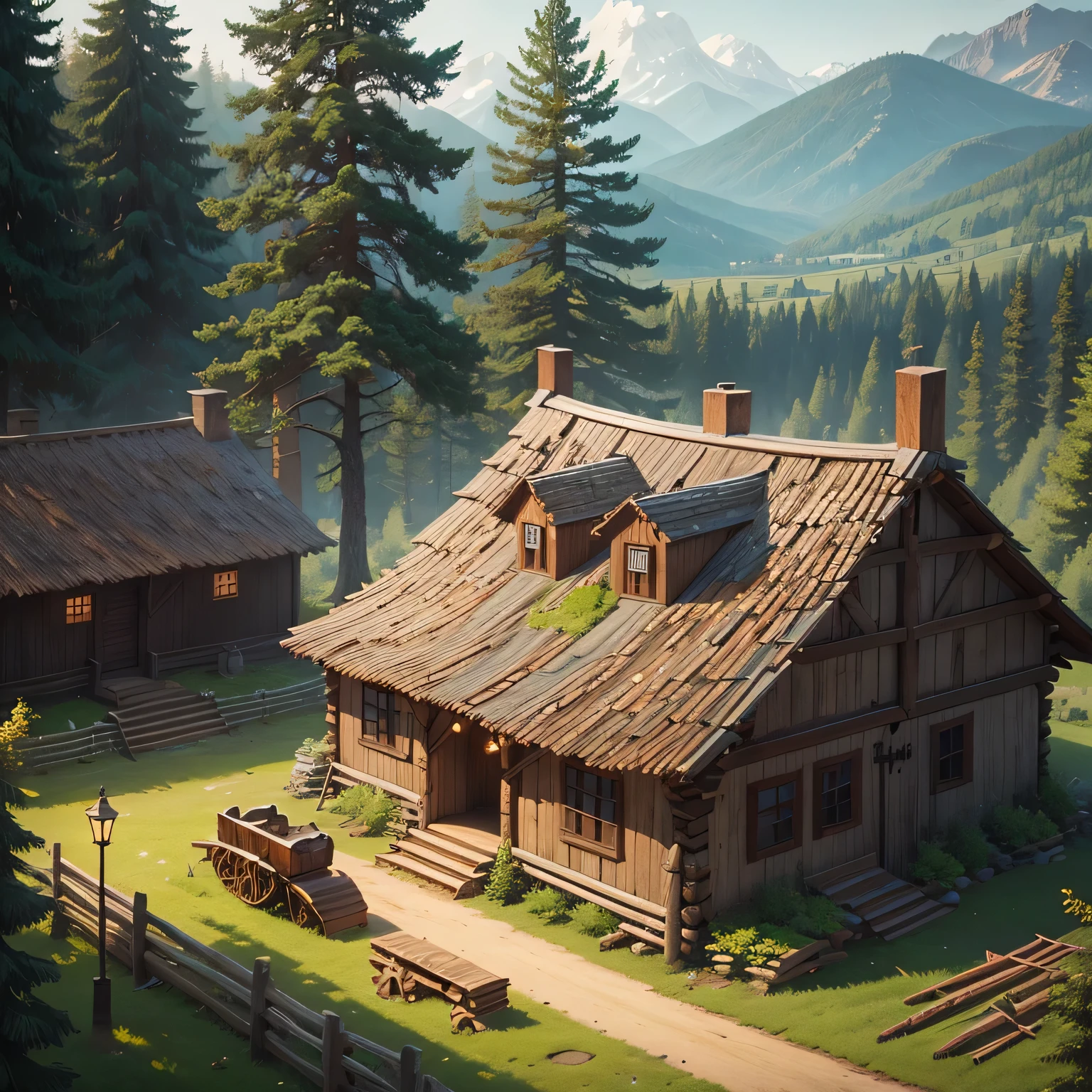 Crie uma imagem de uma madeireira medieval, a house for cutting trees, uma serraria no meio da floresta com toras empilhadas.