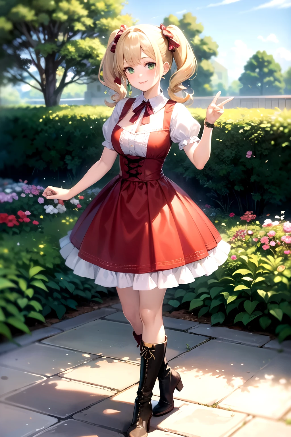 ((best quality)), ((masterpiece)), (detailed), perfect face, slim, woman,
 blonde curly hair, girl with freckles, green eyes, pigtails with bows, ((red puffy dress)), boots, bows, average_breasts, smiling, garden, High detailed, 1 girl, standing up