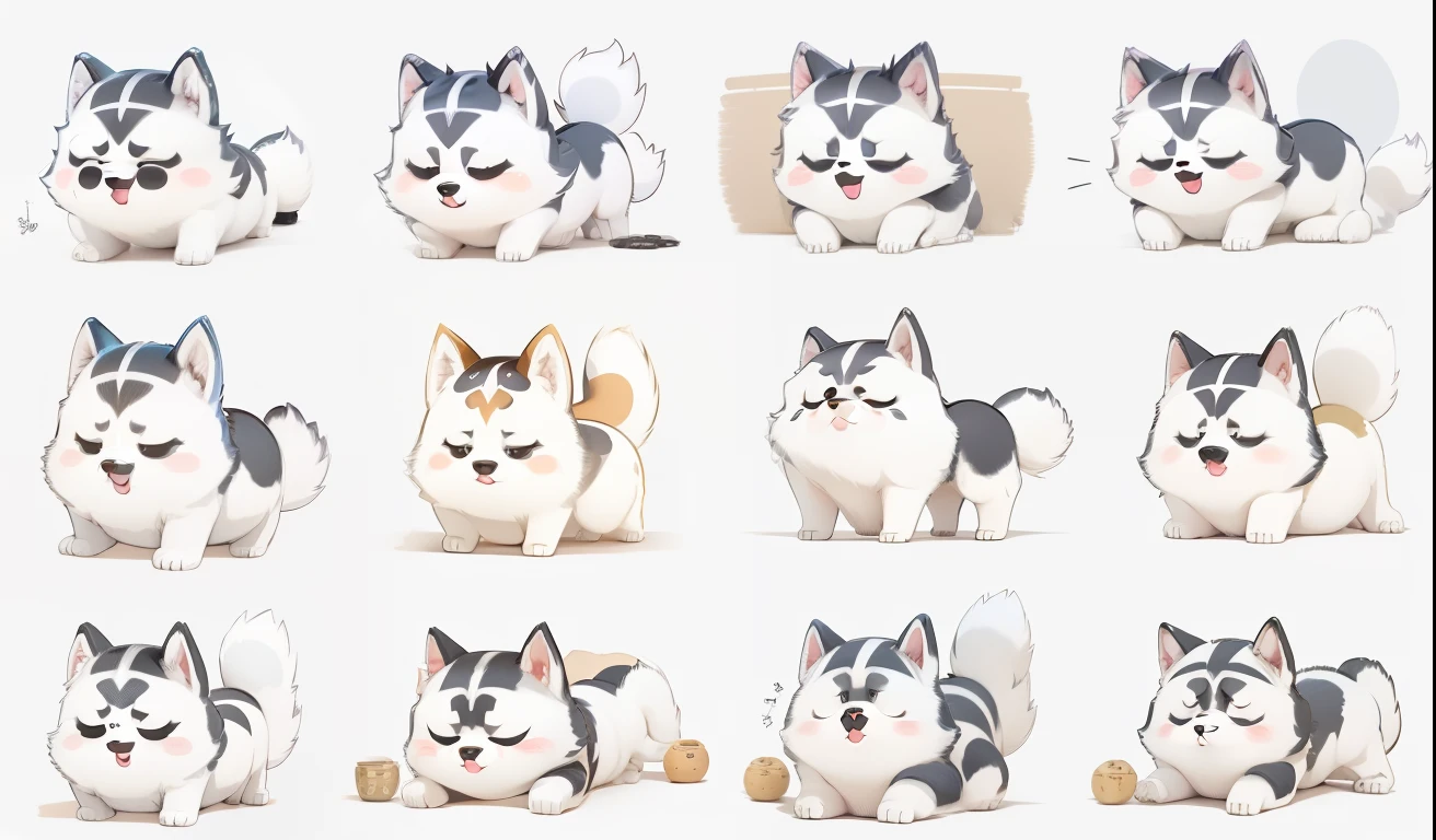 cute husky dog, Emoji, Anthropological style, Disney style, black strokes, different moods,Multiple possand expressions, white background,8k --less than 5 --cute style