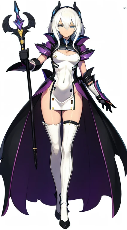 (((Best Quality))) , ((full body)), female, character design, solo, (white background), holding staff, gloves, cloak, thigh high, side slit trench skirt, blue, orange, green, violet, brown, white, colorful outfit,