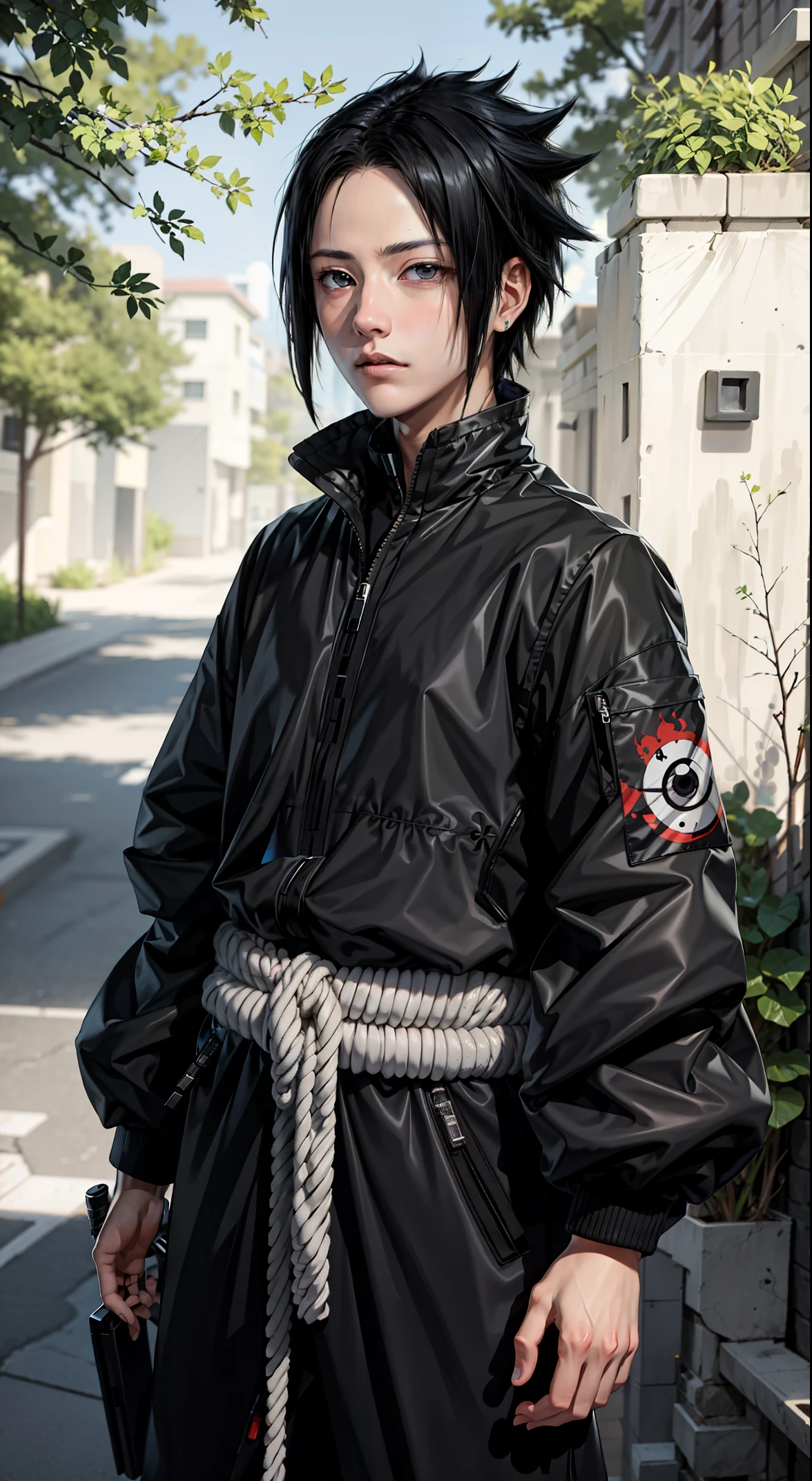 Masterpiece, 1boy, Superb Style,  Streetwear chothes, Outdoor, Upper Body, Uchiha Sasuke, bright eyes, black hair, cool boy