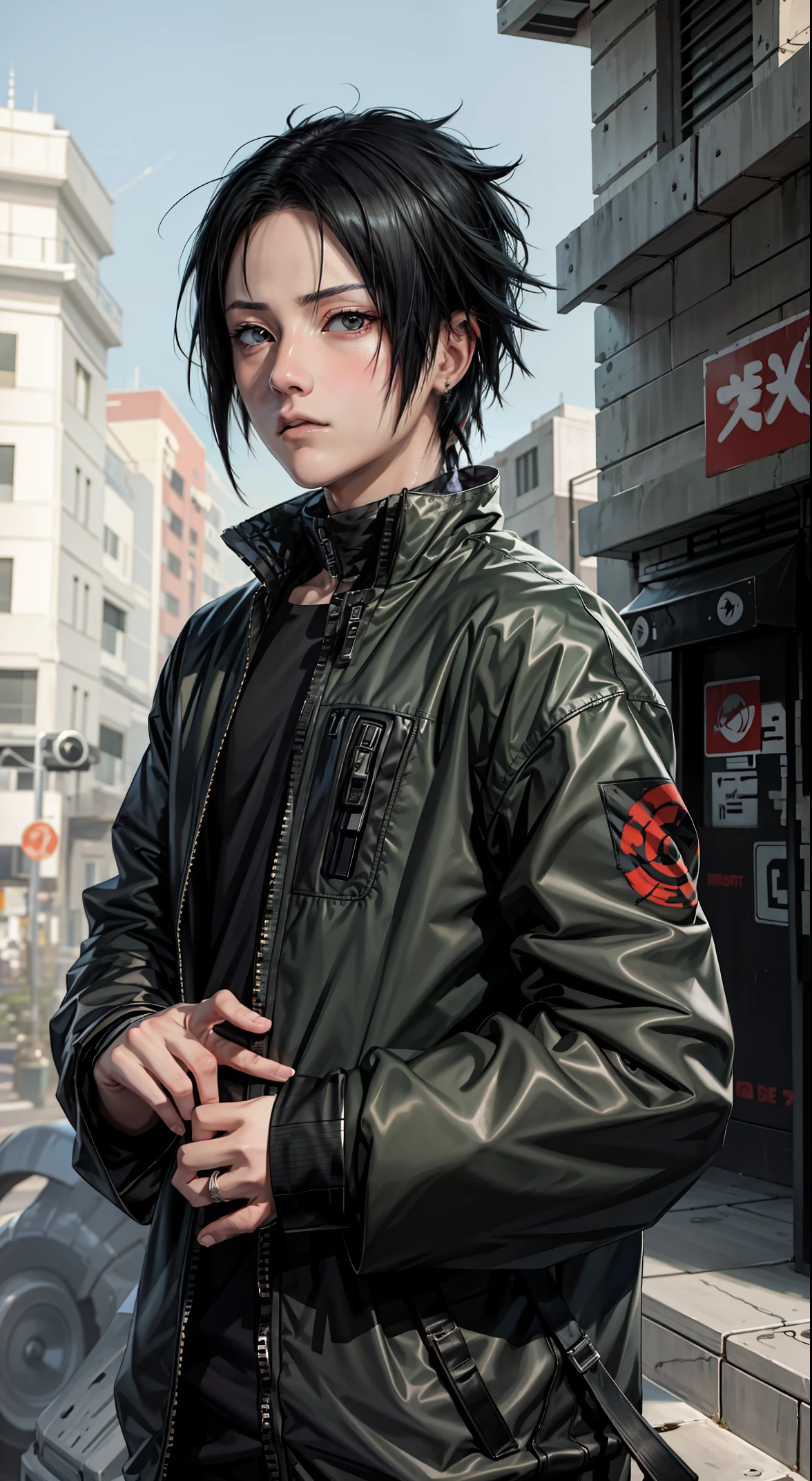 Masterpiece, 1boy, Superb Style,  Streetwear chothes, Outdoor, Upper Body, Uchiha Sasuke, bright eyes, black hair, cool boy