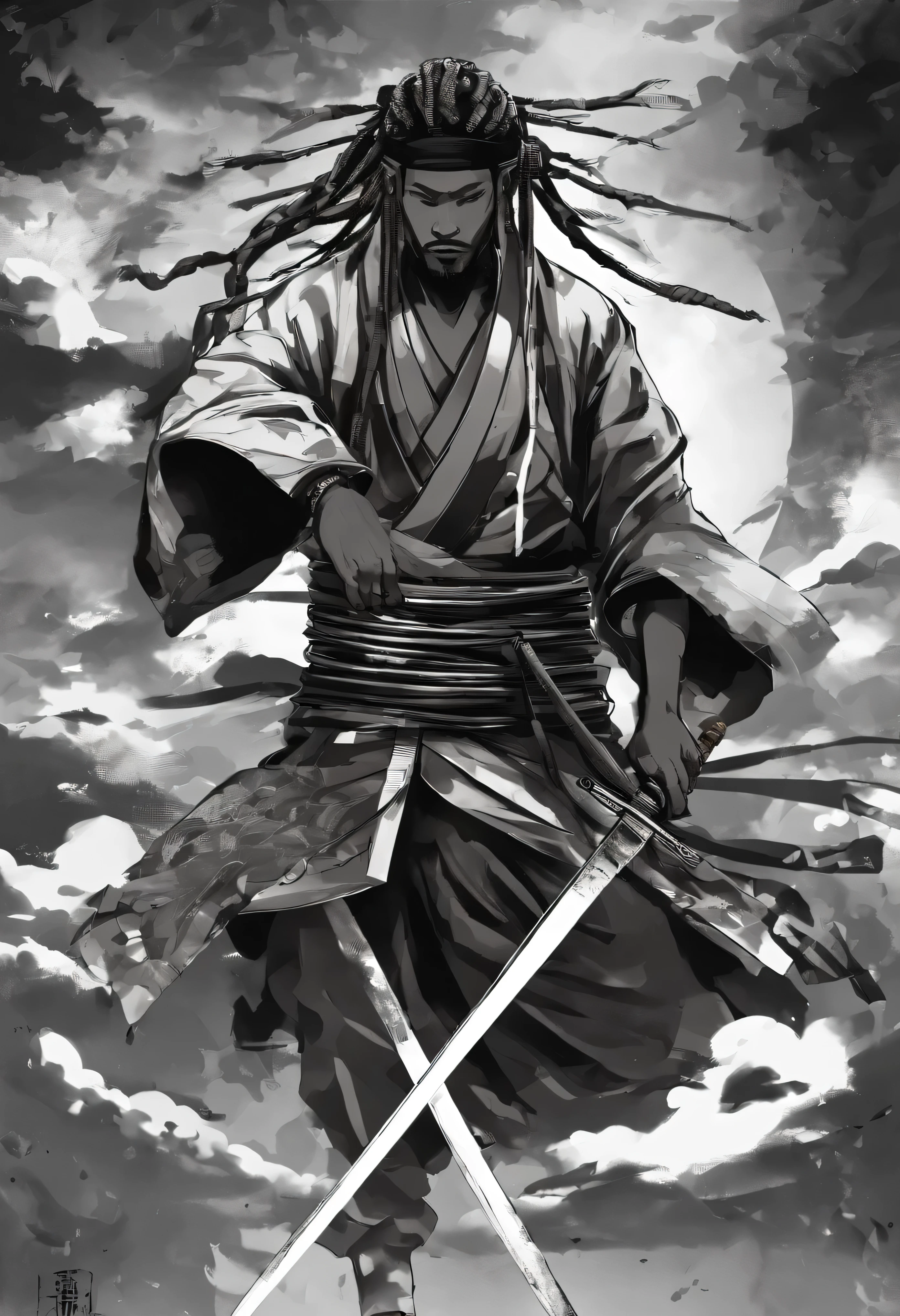 an image of Yasuke o primeiro samurai negro com dreadlocks empunhando uma katana, Nenhum estilo de Russ Mills, Michael Garmash, charming sketches, mono-ha, Contemporary Asian art, Lilia Alvarado, Pincelada concisa --AR 69:128 --s 750 --V 5. 2, pinceladas nas cores do reggae