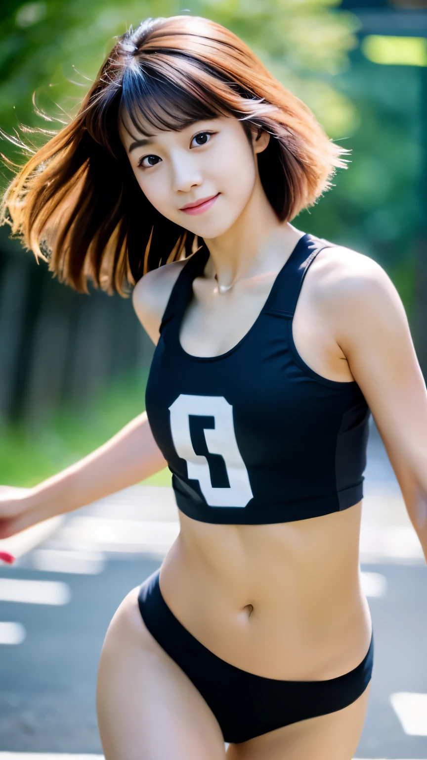 Best-quality, Masterpiece, Ultra-High-Resolution, (Photorealistic:1.4), Raw-Photo, Extremely-Details, Perfect-Anatomy, 1girl, 18-years-old, the most famous Japanese idol, running at EKIDEN, wearing only track and field's uniform, extremely cute face like a most popular Japanese idol, extremely beautiful big-black-solid-circle-eyes, extremely beautiful black-short-cut-haired, extremely beautiful skinny-body, extremely beautiful thighs