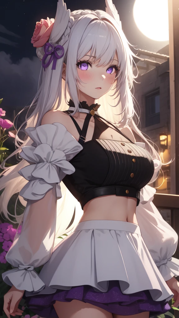 actual, 1 girl, white hair, purple eyes, glowing eyes, crop top, skirt, open, blush, night, flowers, sun, sunlight,
