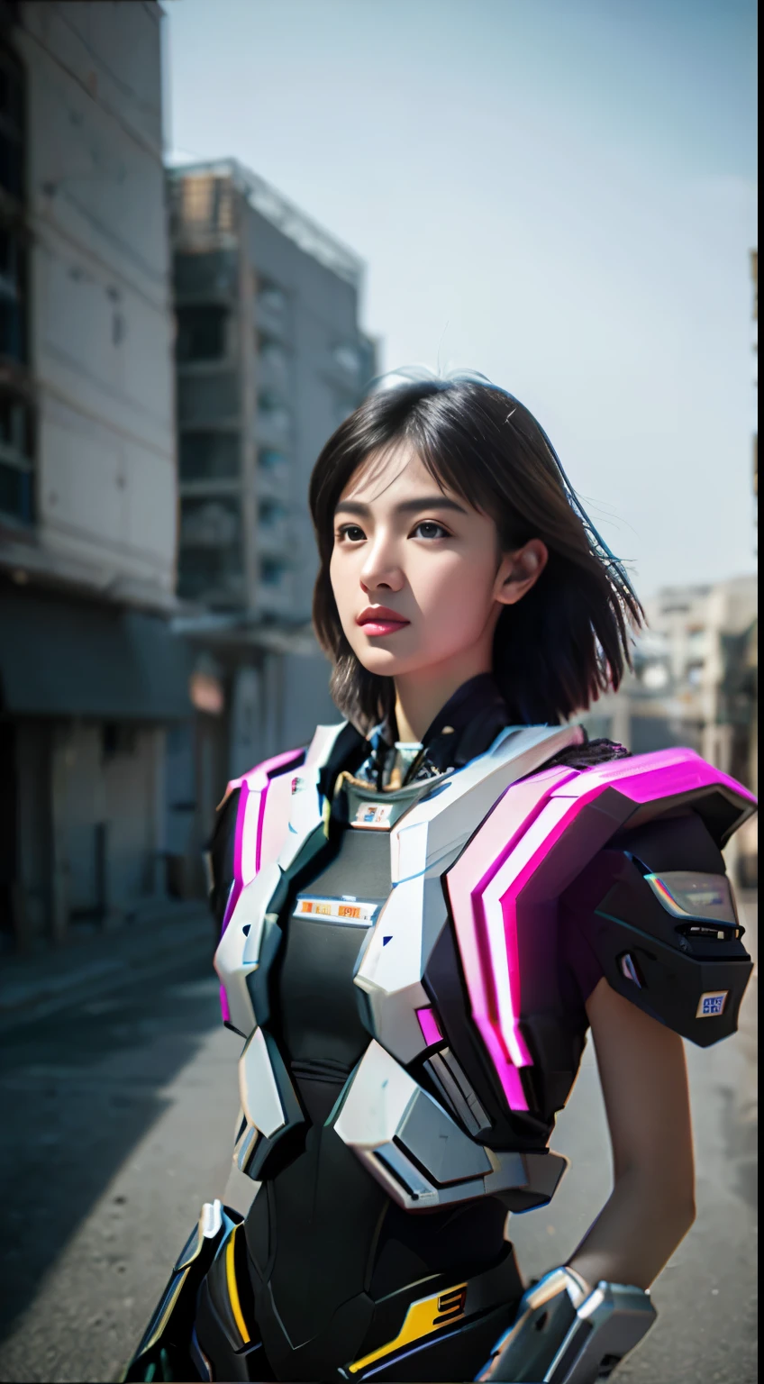 ((Best Quality)), ((Masterpiece)), (Very Detailed:1.3), 3D, mecha, Beautiful cyberpunk woman with her pink mech in the ruins of a city in the forgotten war, Ancient technology, HDR (High Dynamic Range), ray tracing, NVIDIA RTX, super resolution, unreal 5, subsurface scattering, PBR texture, post-processing, anisotropic filtering, depth of field, maximum sharpness and sharpness, multi-layer texture, albedo and highlight maps, surface shading, Accurate simulation of light-material interactions, perfect proportions, octane rendering, duotone lighting, low ISO, white balance, rule of thirds, wide aperture, 8K RAW, high efficiency sub-pixels, subpixel convolution, luminous particles, light scattering, tyndall effect (whole body), (delicate facial features), (perfect face), dynamic angles.