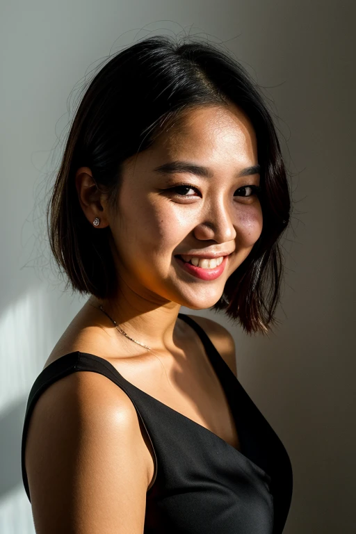 RAW photo, face portrait photo of beautiful 26 y.o woman, cute face, wearing black dress, happy face, hard shadows, cinematic shot, dramatic lighting, indonesian