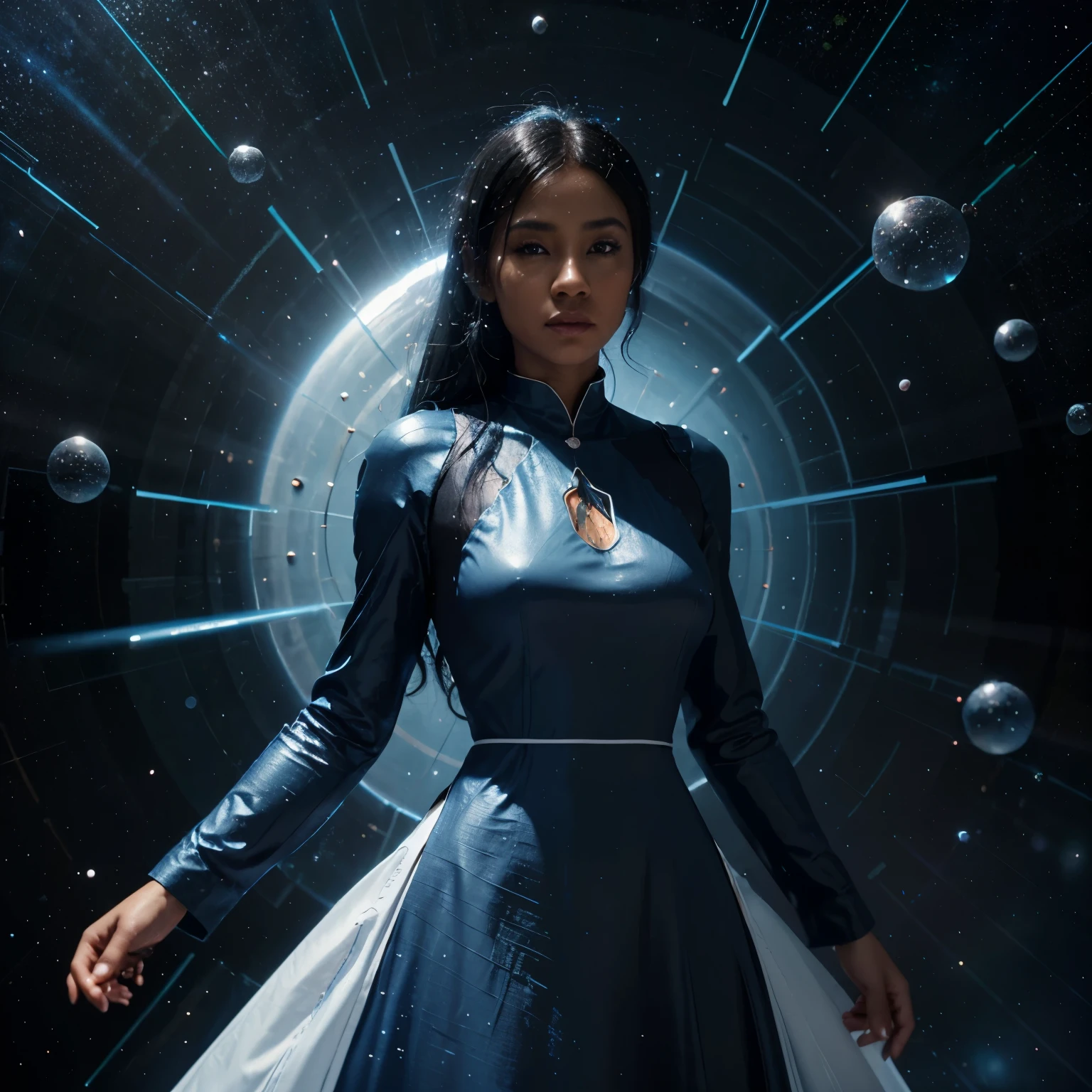 Black woman dressed in a blue monk dress, floating horizontally in outer space, surrounded by shining glass particles, light bouncing on the glass particles providing a blue and white cinematic look, , 32k, ultra HD, unreal engine rendered, hyper-realistic image, artgerm style