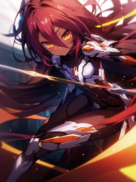 Masterpiece, Top quality, high resolution, highres, 8k, best quality, HD, , 1 male, shota, cute, innocent, ((dark skin)), orange eyes, otokonoko, dark brown hair long hair in a side-swept style smooth, wearing an a black fullbody bodysuit, exosuit armour attachments, cute artstyle, stand still, close up, (Shuvi), (deus ex machina race), (no game no life)