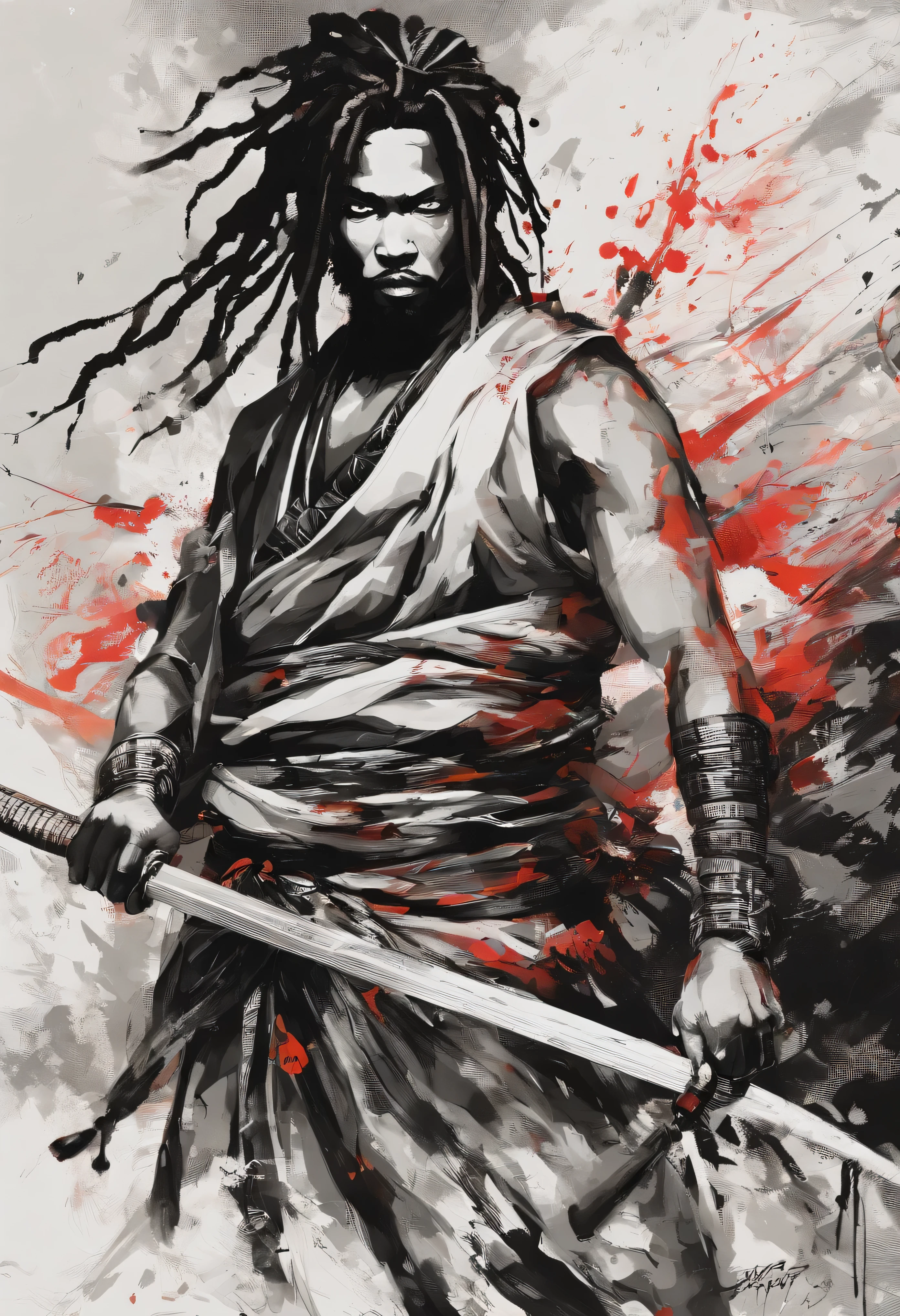 an image of Yasuke o primeiro samurai negro com dreadlocks empunhando uma katana, Nenhum estilo de Russ Mills, Michael Garmash, charming sketches, mono-ha, Contemporary Asian art, Lilia Alvarado, Pincelada concisa --AR 69:128 --s 750 --V 5. 2, pinceladas nas cores do reggae