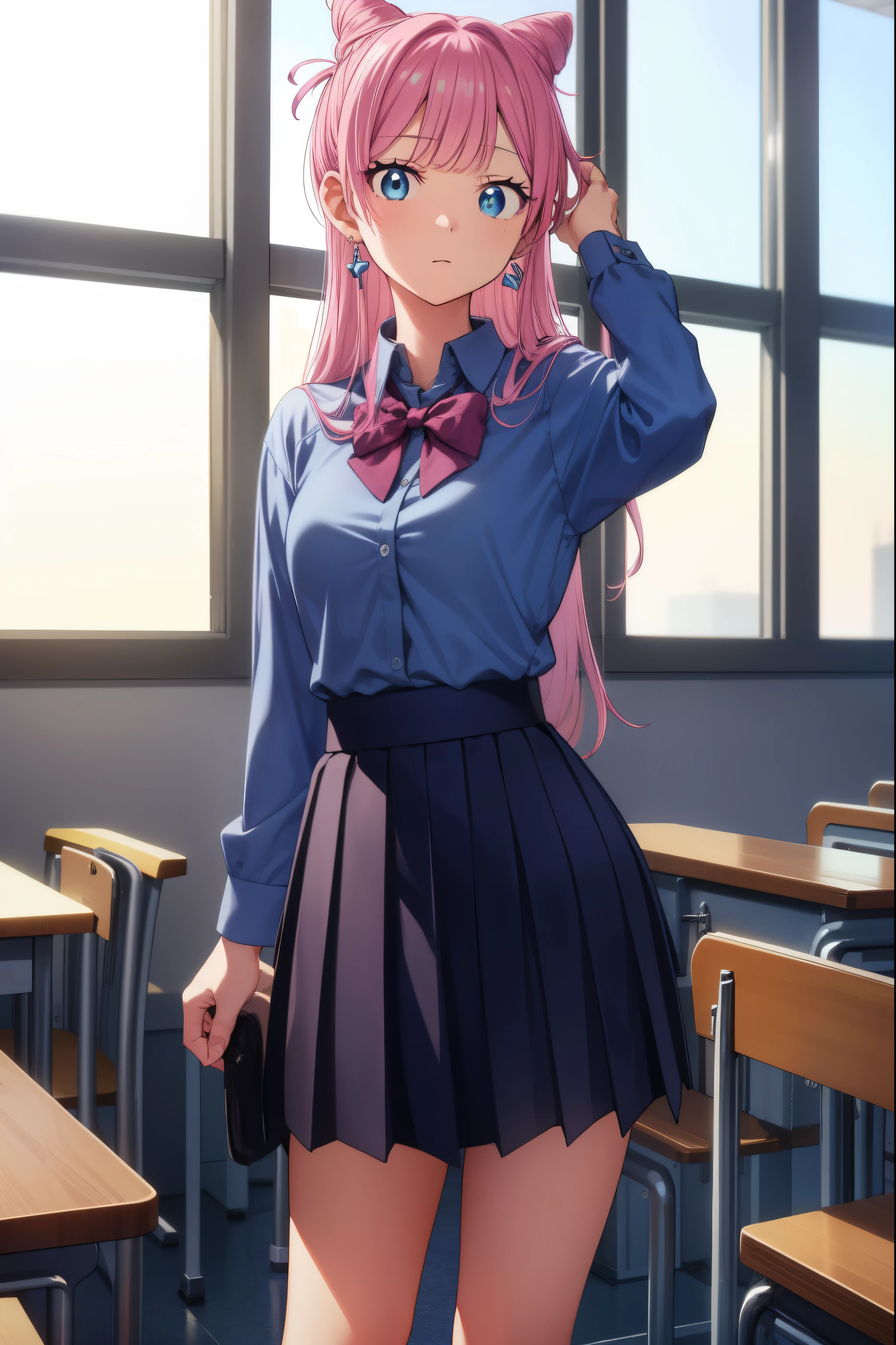 akariwatanabe, akari watanabe, long hair, blue eyes, pink hair, hair bun, double bun, cone hair bun,
BREAK skirt, shirt, bow, jewelry, pleated skirt, earrings, blue skirt, blue shirt,
BREAK looking at viewer, full body,
BREAK indoors, classroom,
BREAK (masterpiece:1.2), best quality, high resolution, unity 8k wallpaper, (illustration:0.8), (beautiful detailed eyes:1.6), extremely detailed face, perfect lighting, extremely detailed CG, (perfect hands, perfect anatomy),